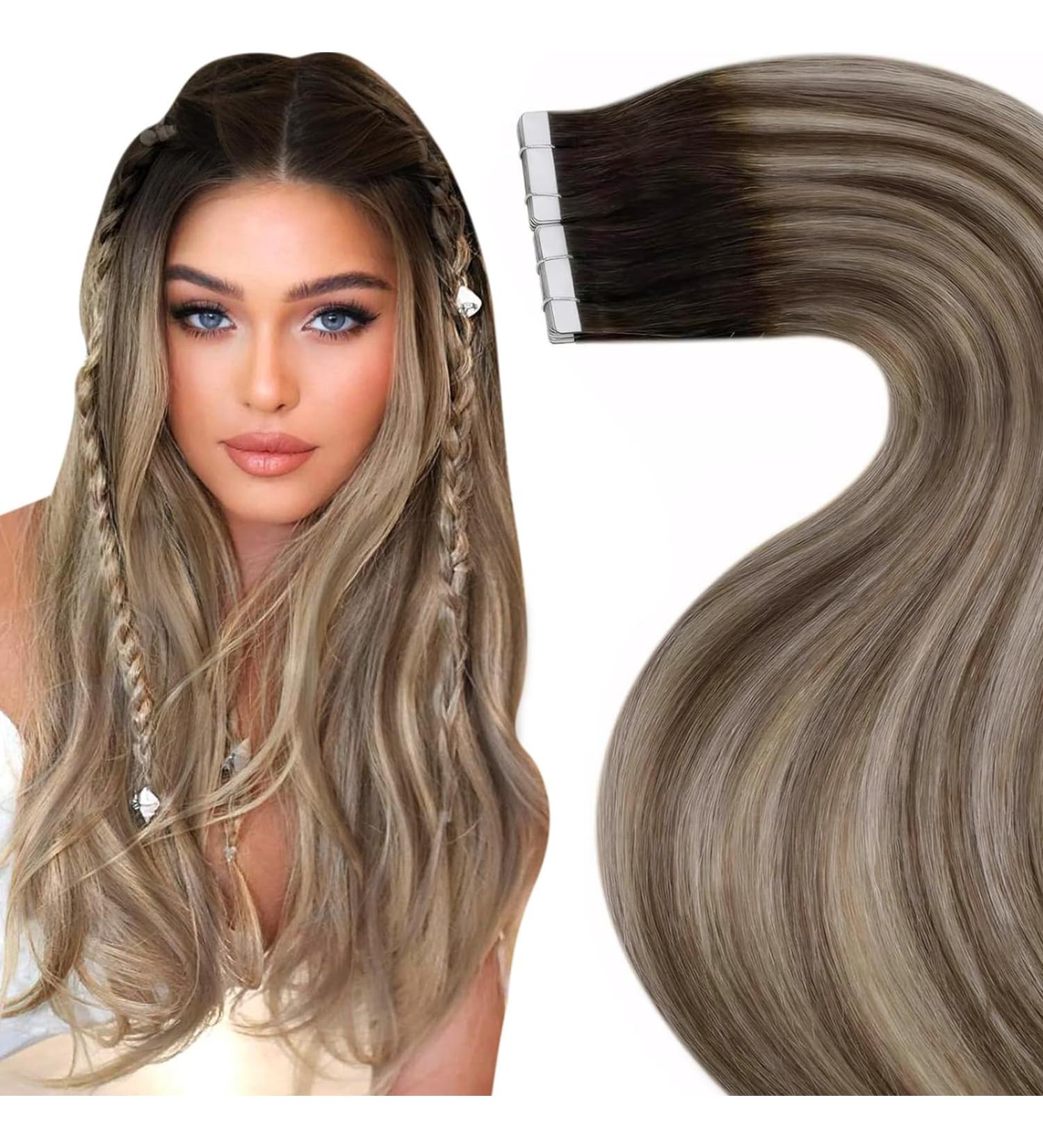 Laavoo Ombre Brown Real Hair Tape Extensions - Balayage Brown to Light Brown & Light Blond Remy 50cm 20pcs #3/8/24 - Premium Quality Hair Enhancements - Buy Online on GoSupps.com