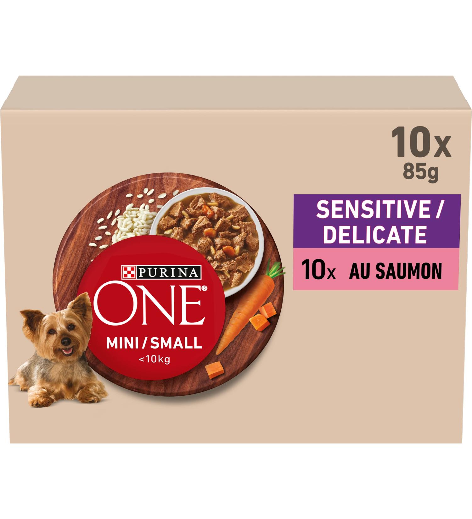PURINA ONE Mini/Small 10kg Sensitive/Delicate Shredded Salmon Rice and Carrots in Sauce for Small Adult Dogs | Sensitive Digestion Meal Sachets 10x85g - Buy Online on GoSupps.com