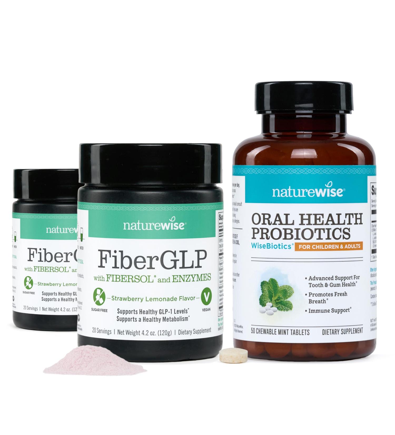 NatureWise (Pack of 2) FiberGLP Powder - Vegan & Sugar Free - Pink Lemonade Flavor - 4 oz 20 Servings + 1 Oral Probiotics - Chewable Sugar-Free Mint Tablet - 50 Count 50-Day Supply  - Buy Online on GoSupps.com
