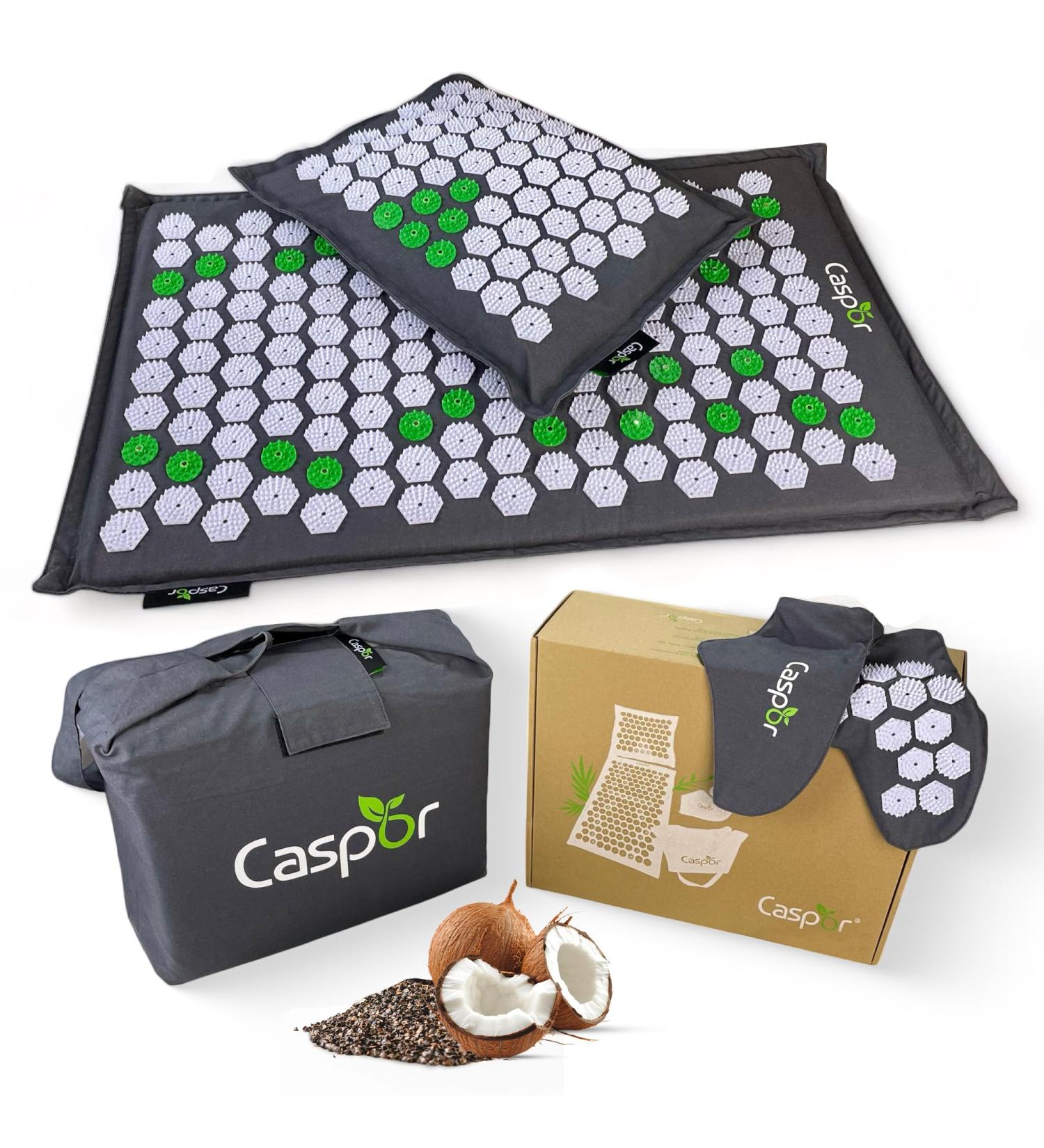 CASPOR Acupressure Eco Set | 3-in-1 Acupuncture Mat Pillow & Massage Gloves | 100% Linen & Coconut Fibers | Dark Gray - International Shipping Available - Buy Online on GoSupps.com
