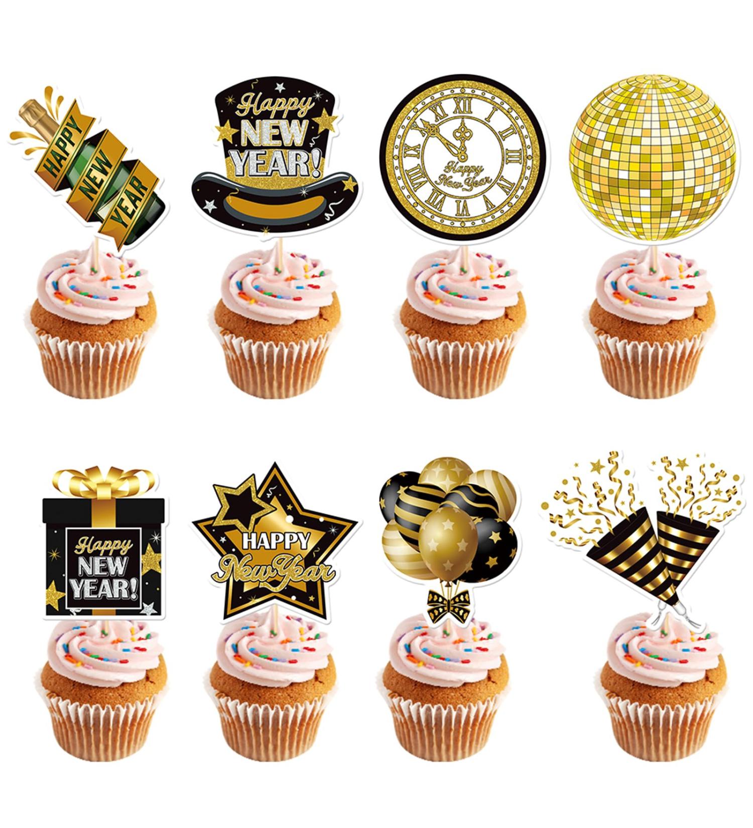 Happy New Year Cupcake Toppers Gold and Black Cupcake Toppers Picks for New Years Eve Party Dessert Decoration Supplies 32 Pieces - Buy Online on GoSupps.com