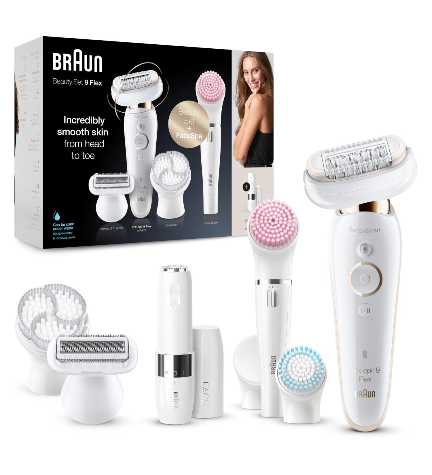 Buy Braun Silk- pil 9 Flex Beauty Set - Epilator & Facial Hair Remover for Women | Includes FaceSpa Brush & Mini Hair Remover | International Shipping Available - Buy Online on GoSupps.com