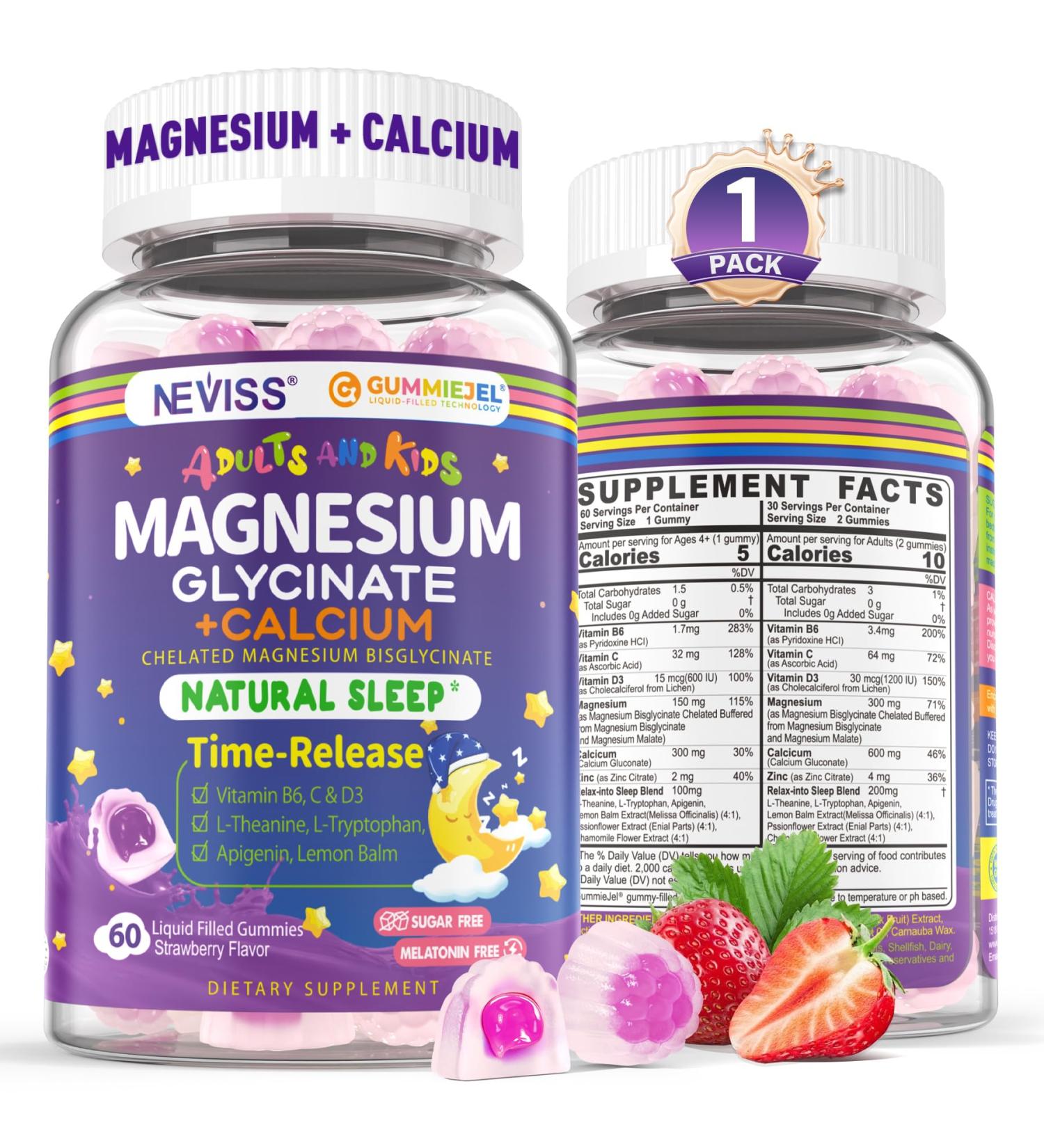 Neviss Magnesium Glycinate + Calcium Filled Gummies for Adults and Kids 4+ Kids Sleep Gummies Melatonin Free Sugar Free Magnesium Supplement with B6 D3 L-Theanine for Zzz & Relax Brain Bone Muscle - Buy Online on GoSupps.com