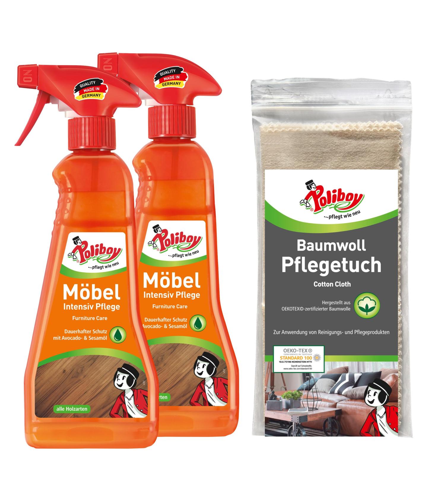 Poliboy Furniture Intensive Care - 750ml Spray for Lacquered Wood - Protective & Refreshing Care - Color Neutral - Includes Cotton Cloth - Made in Germany - Buy Online on GoSupps.com
