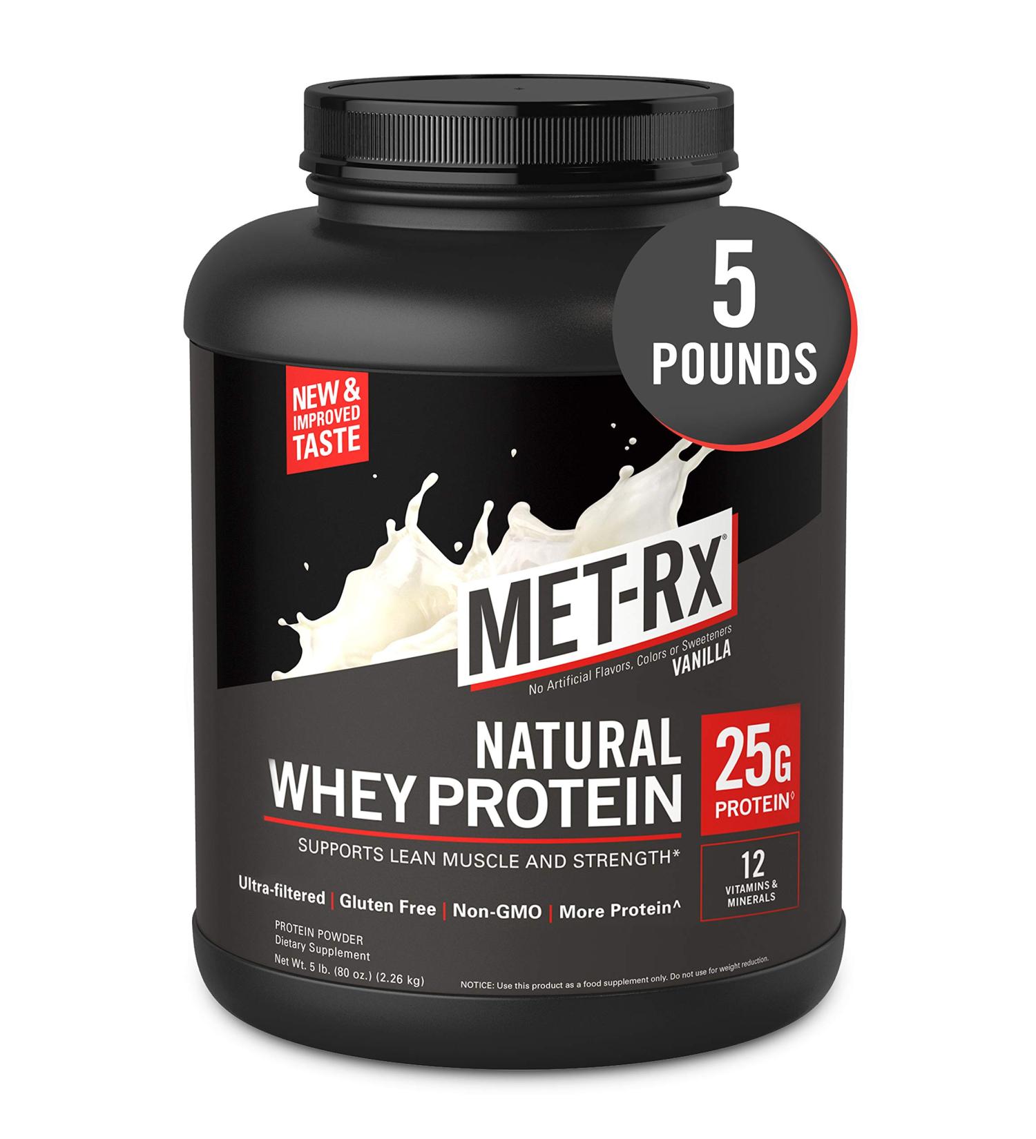 MET-Rx Natural Whey Protein Powder - Vanilla, 5 lb | 25g Protein, 5g BCAAs, Gluten-Free, Vitamins D & C - Ideal for PrePost Workout - Buy Online on GoSupps.com