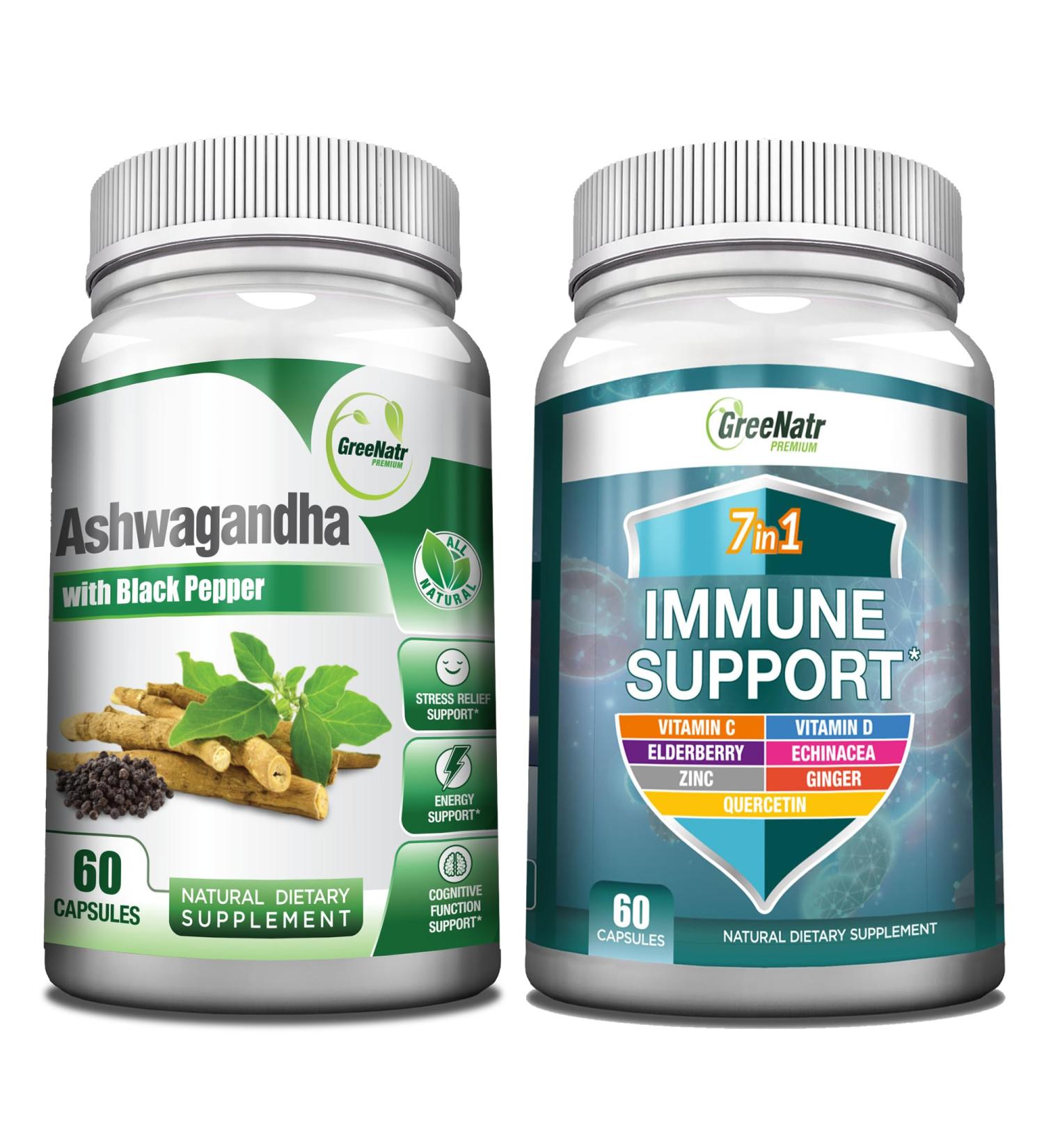 GreeNatr 7-in-1 Immune Support Supplement with Vitamin C Vitamin D3 Zinc 50mg Quercetin Combined with Organic Ashwagandha Capsules Featuring Black Pepper for Enhanced Absorption - Buy Online on GoSupps.com