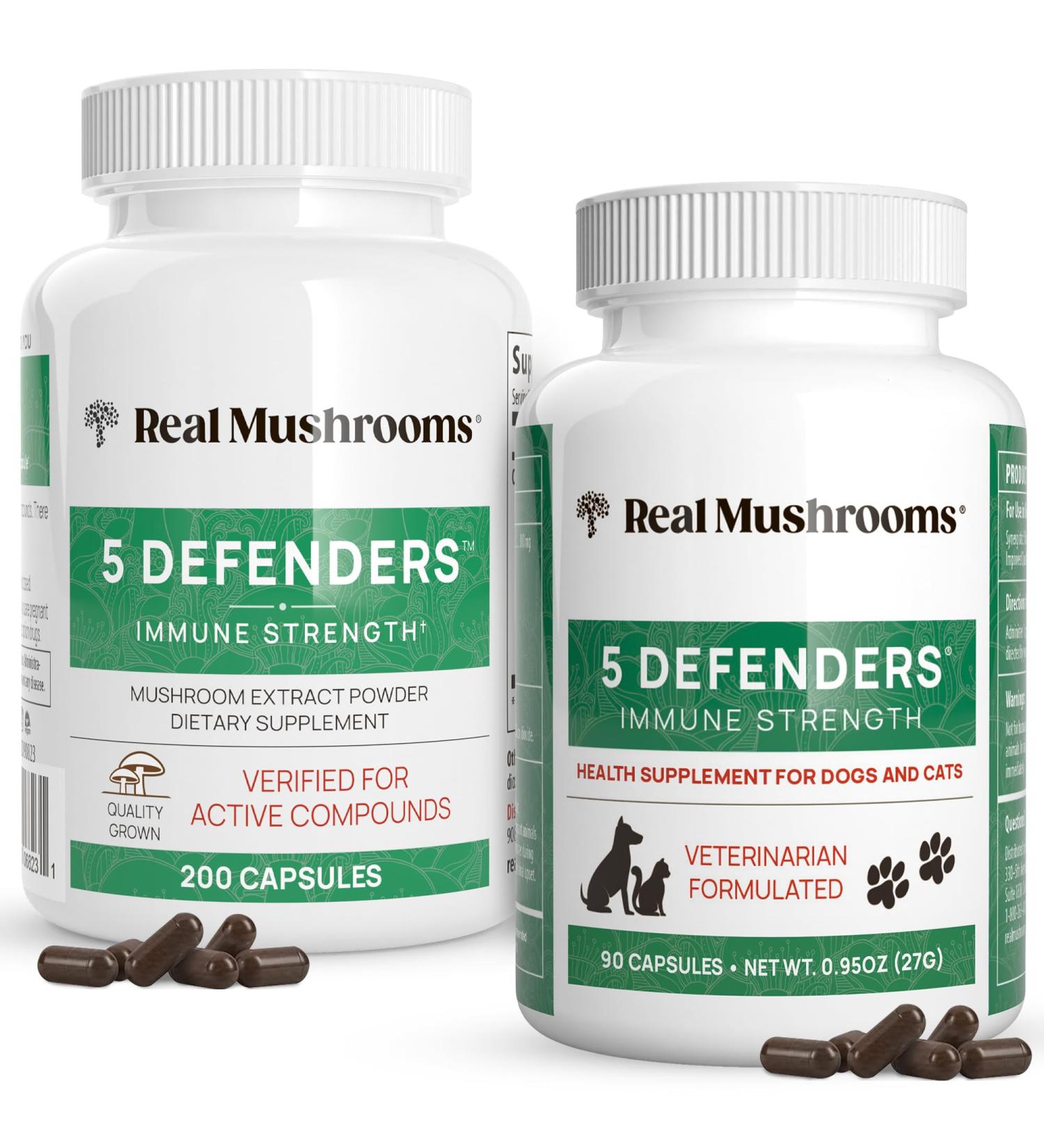 Real Mushrooms 5 Defenders for Humans (200ct) & Pets (90ct) - Capsules Bundle - Chaga Shiitake Maitake Turkey Tail & Reishi Mushroom - for Immune Strength & Overall Wellbeing - Vegan Non-GMO - Buy Online on GoSupps.com