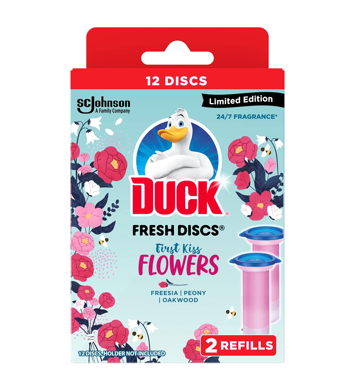 Duck Fresh Discs Toilet Cleaner Twin Pack Refils Sanitising & Descaling Toilet Bowl Gel Kills Germs and Bacteria First Kiss Flowers 72ml - Buy Online on GoSupps.com
