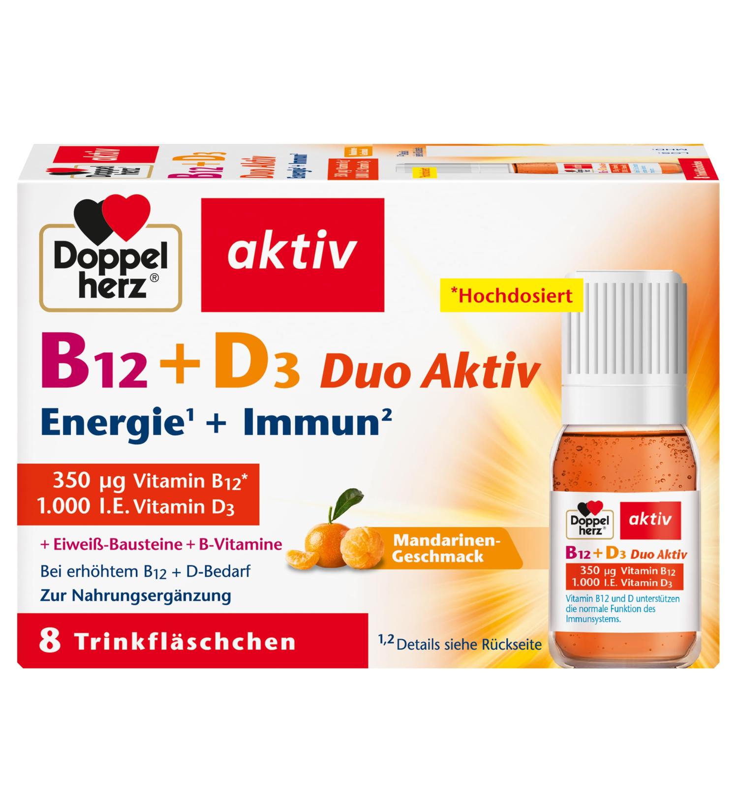 Double heart B12 + D3 Duo active - with vitamin B12 and D3 to support a normal function of the immune system - 8 drinking vials 91.1 Grams 8 pieces (1 Pack)