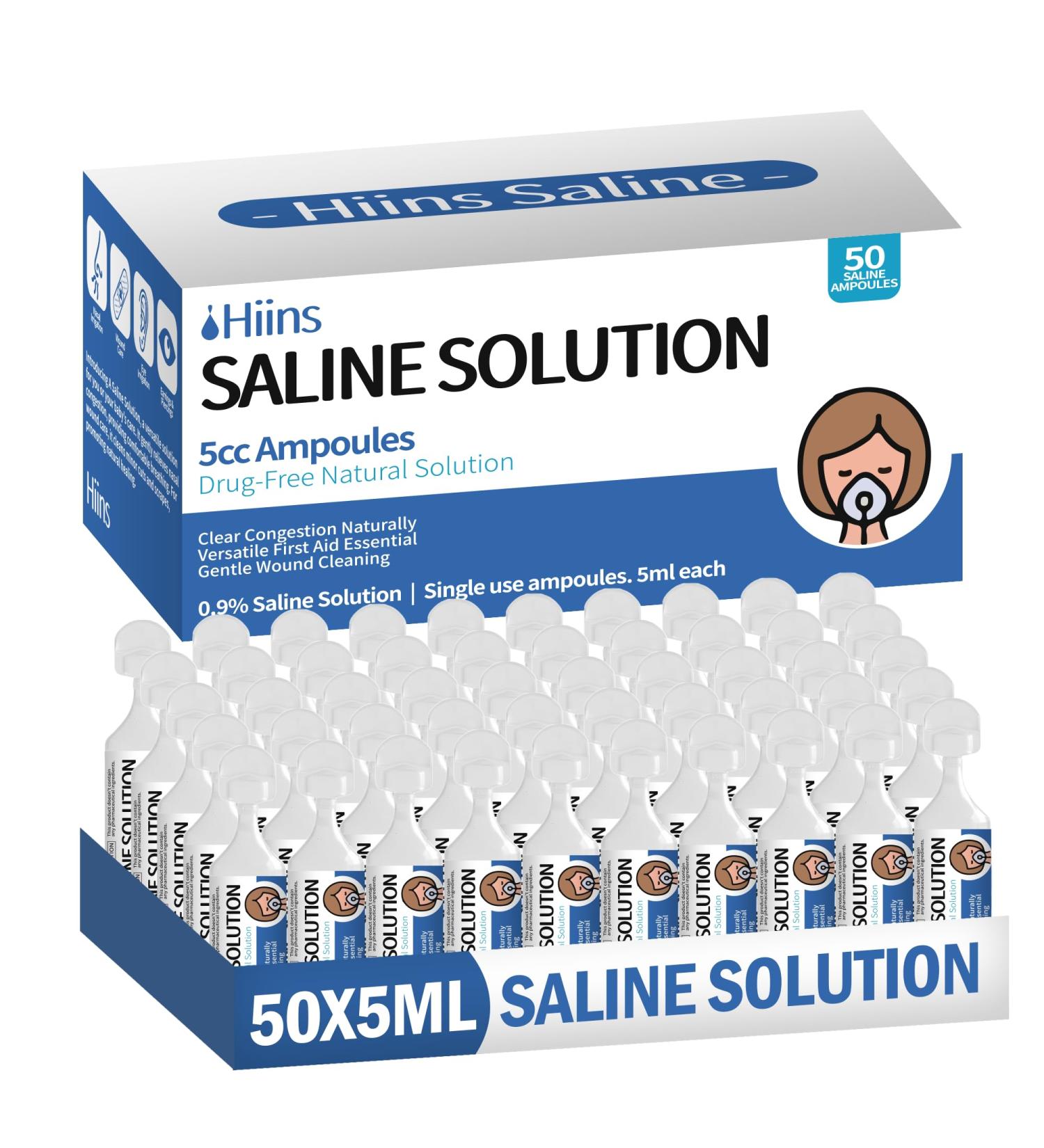 Hiins 0.9% Saline Solution for Nebulizer and Airway Moisturizing Sodium Chloride 0.9% for Nose & Eyes Gentle Nasal Cleanse for Adults and All Ages Sterile 5ml Vials 50 Count - Buy Online on GoSupps.com