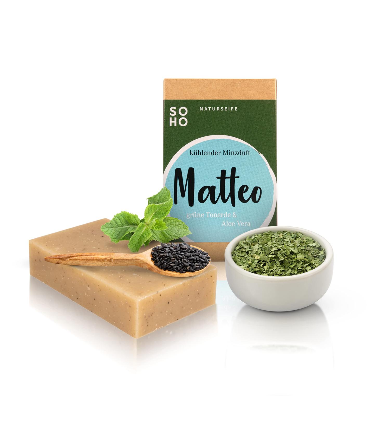 SOHO Naturkosmetik "Matteo" face soap for oily and blemished skin vegan facial cleansing with aloe vera and clay solid soap - Buy Online on GoSupps.com