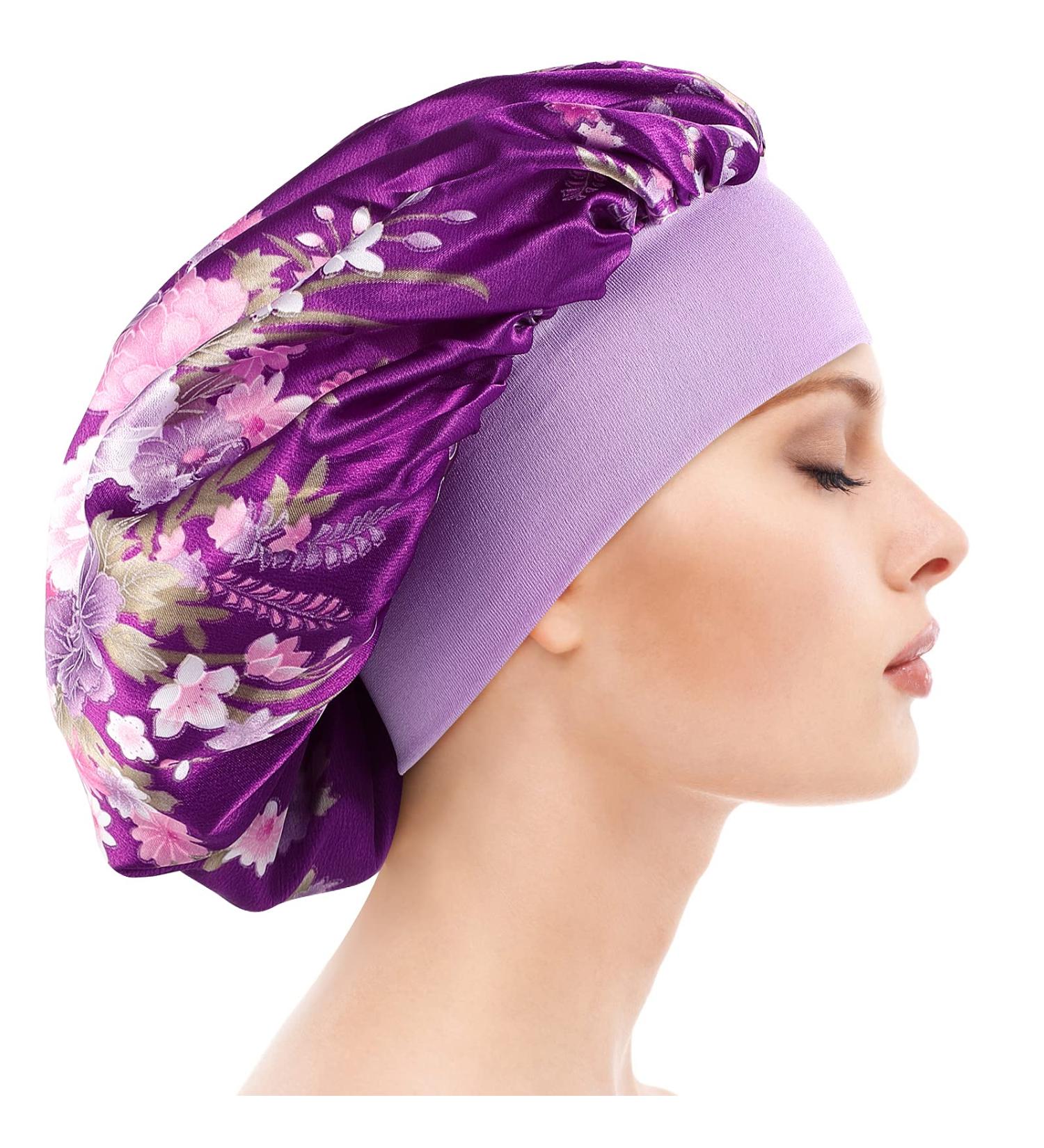 Silk Satin Wide Band Bonnet Night Cap for Women - Purple Floral Hair Turban - Buy Online on GoSupps.com