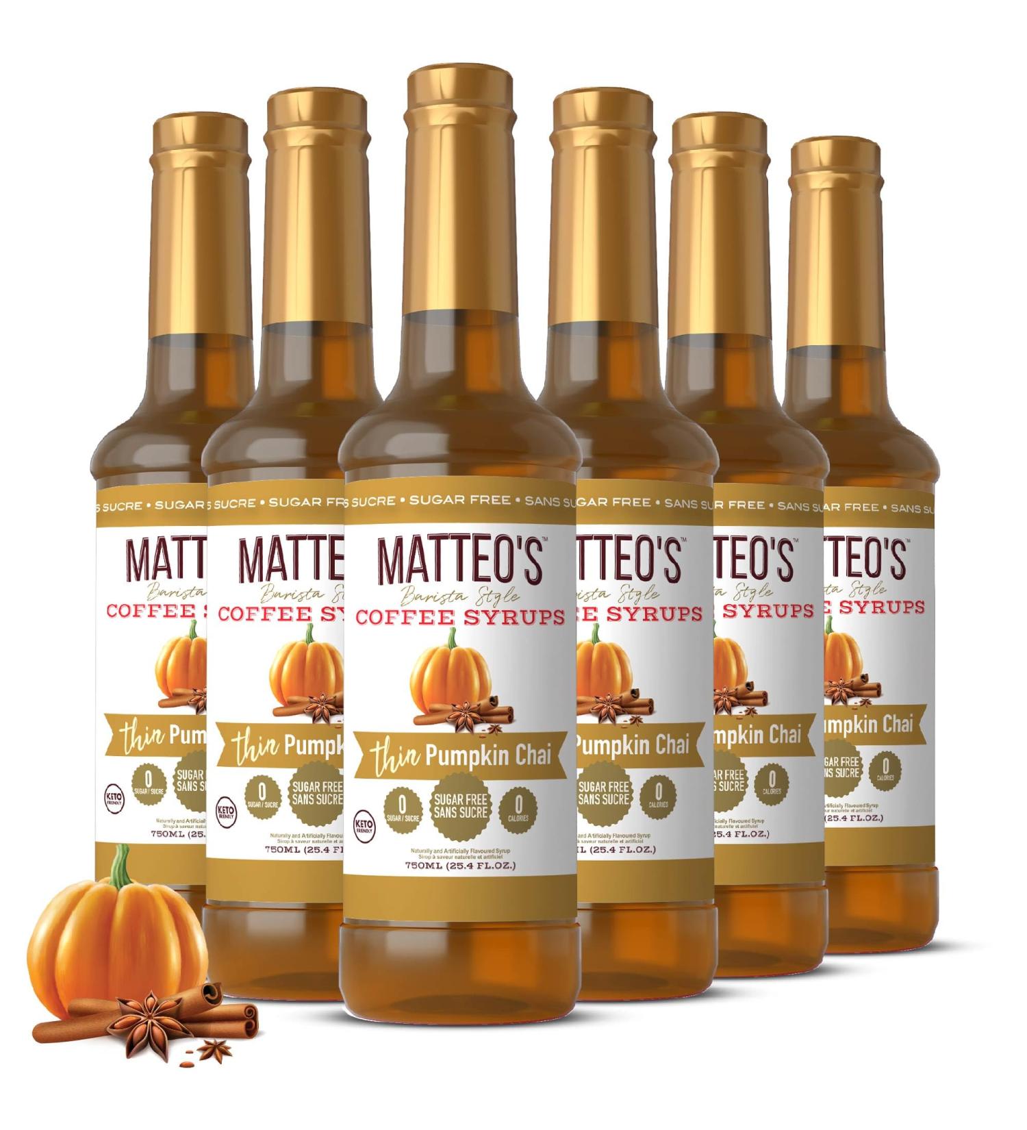 Matteo's Barista Style Sugar-Free Coffee Syrup Pumpkin Chai Flavor Zero Calories and Sugar Keto Friendly Ideal for Lattes Cappuccinos Espresso Americano Indulgent Taste (750mL 6 - Pack) 750 ml (Pack of 6) - Buy Online on GoSupps.com