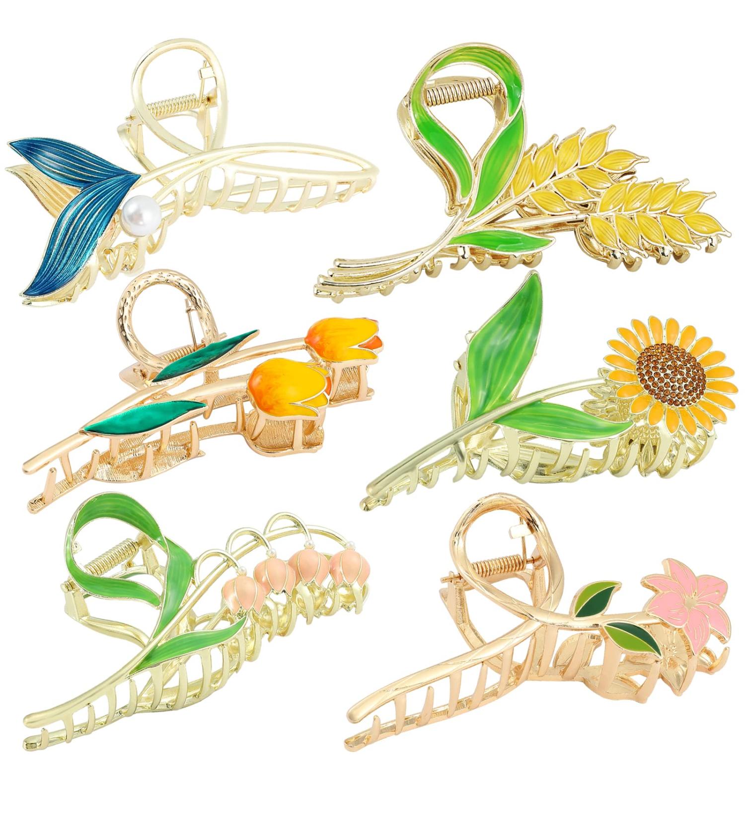 6PCS Metal Flower Hair Claw Clips Set - Vivid Tulip Rose Sunflower Fishtail Butterfly Hair Accessories for Women and Girls - Buy Online on GoSupps.com