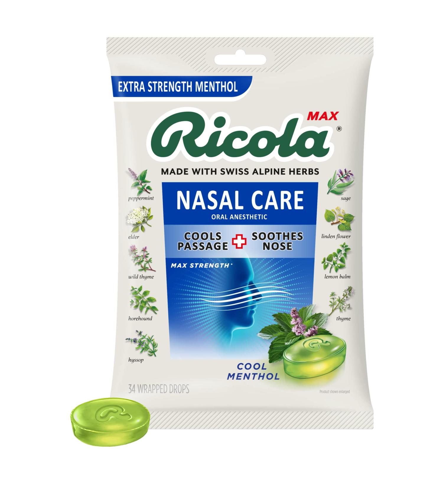 Ricola Max Cool Menthol Nasal Care Drops - 34 Count Pack - Cough Suppressant with Dual Action Liquid Center for Long-Lasting Relief - Buy Online on GoSupps.com