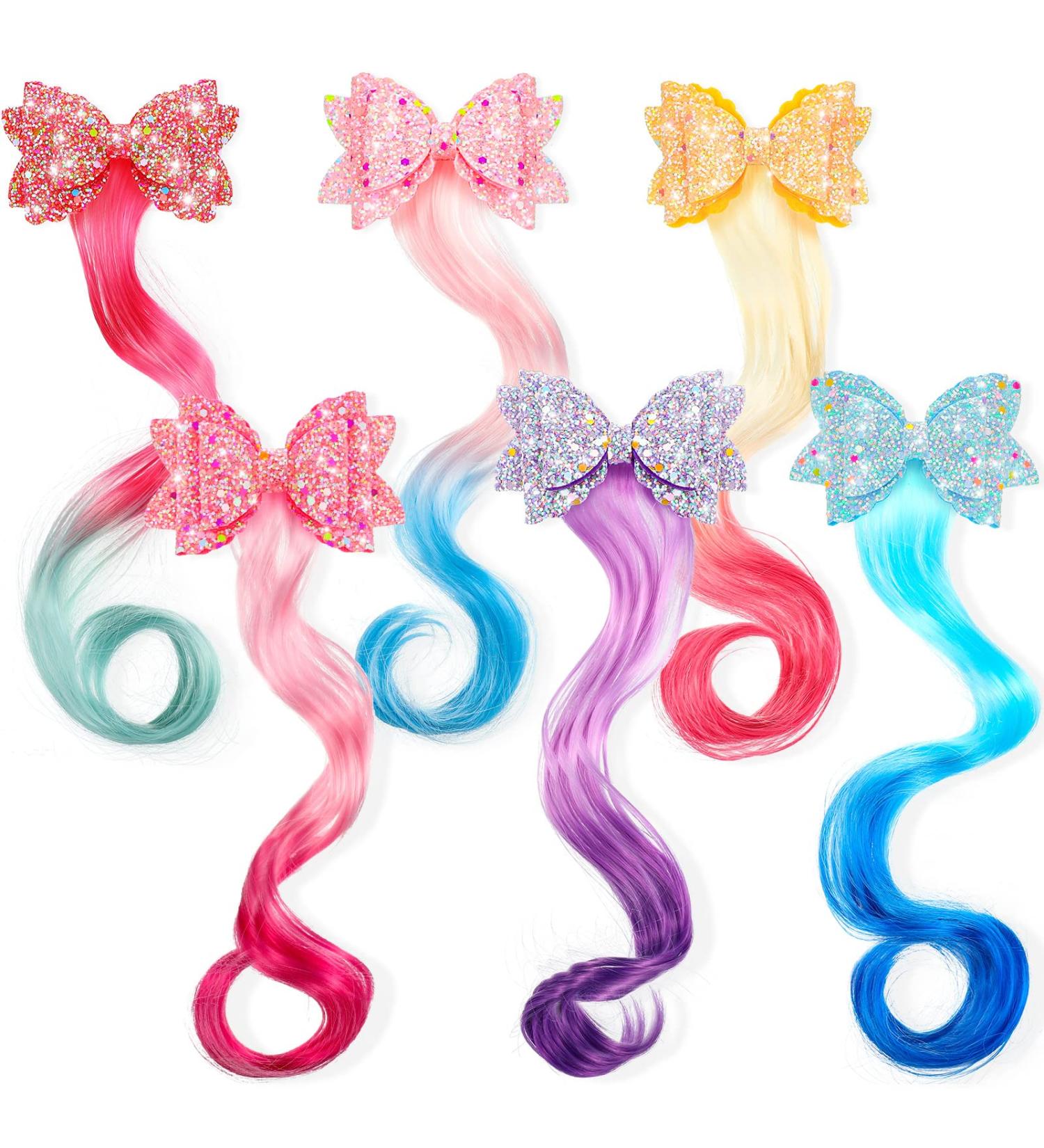 6 Colors Unicorn Wig Hair Clips Bows for Girls - Glitter Style Hair Extensions for Kids Princess Costume Dress Up - Buy Online on GoSupps.com