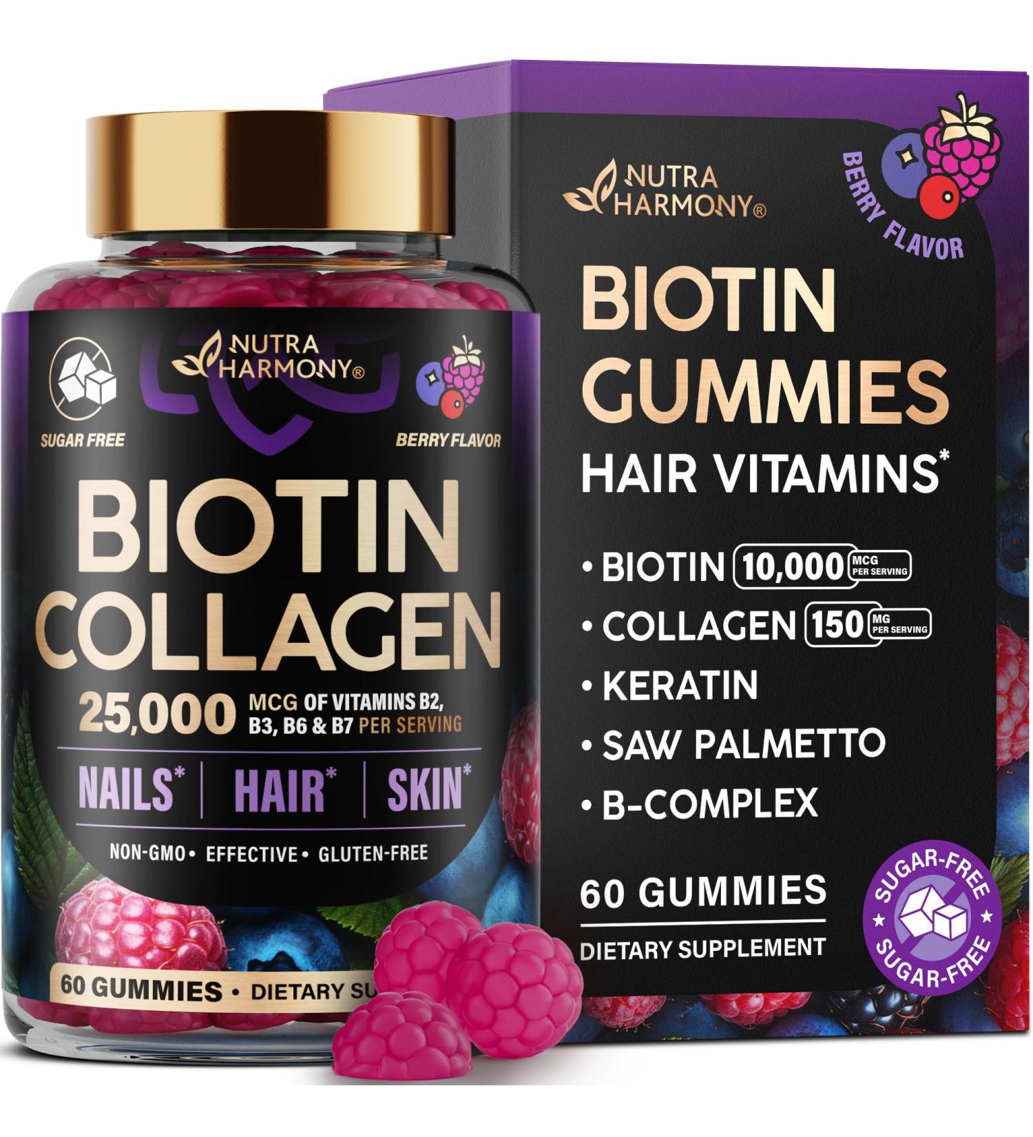 Biotin Gummies with Collagen - Hair Growth Support Skin & Nail Strength - for Women & Men - Biotin 10000mcg | Keratin | Hyaluronic Acid | B-Complex | Saw Palmetto - Sugar-Free Mixed Berry - 60 Gummy Mixed berry 60 Count (  - Buy Online on GoSupps.com