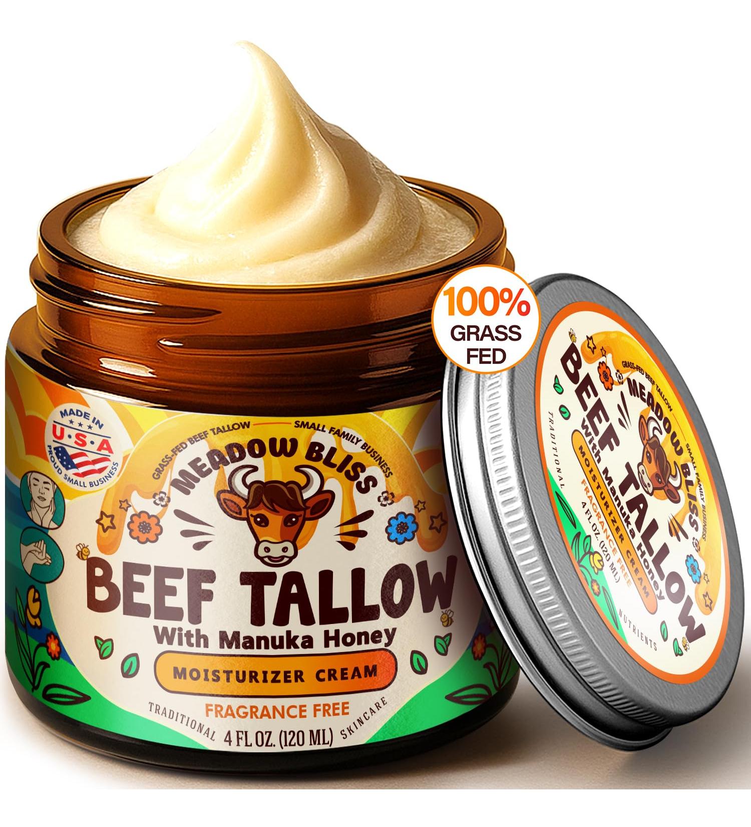 Meadow Bliss Beef Tallow for Skin - Moisturizer Cream - 100% Grass Fed - Whipped Beef Tallow - Manuka Honey - Organic Jojoba Oil, Shea Butter - Supports Eczema, Rosacea - USA - Fragrence Free - 4 oz - Buy Online on GoSupps.com