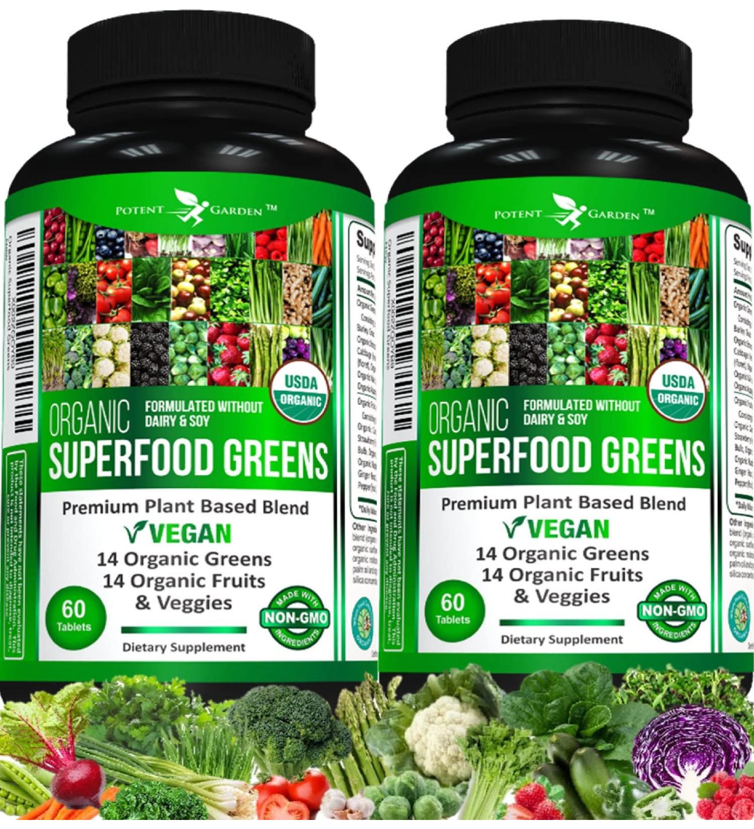Potent Garden Organic Superfood Greens Fruit & Veggie Supplement - 2-Pack, 120 Ct - Boost Energy, Immunity & Gut Health with Vitamins, Antioxidants, Alfalfa, Beet Root & Tart Cherry - Buy Online on GoSupps.com