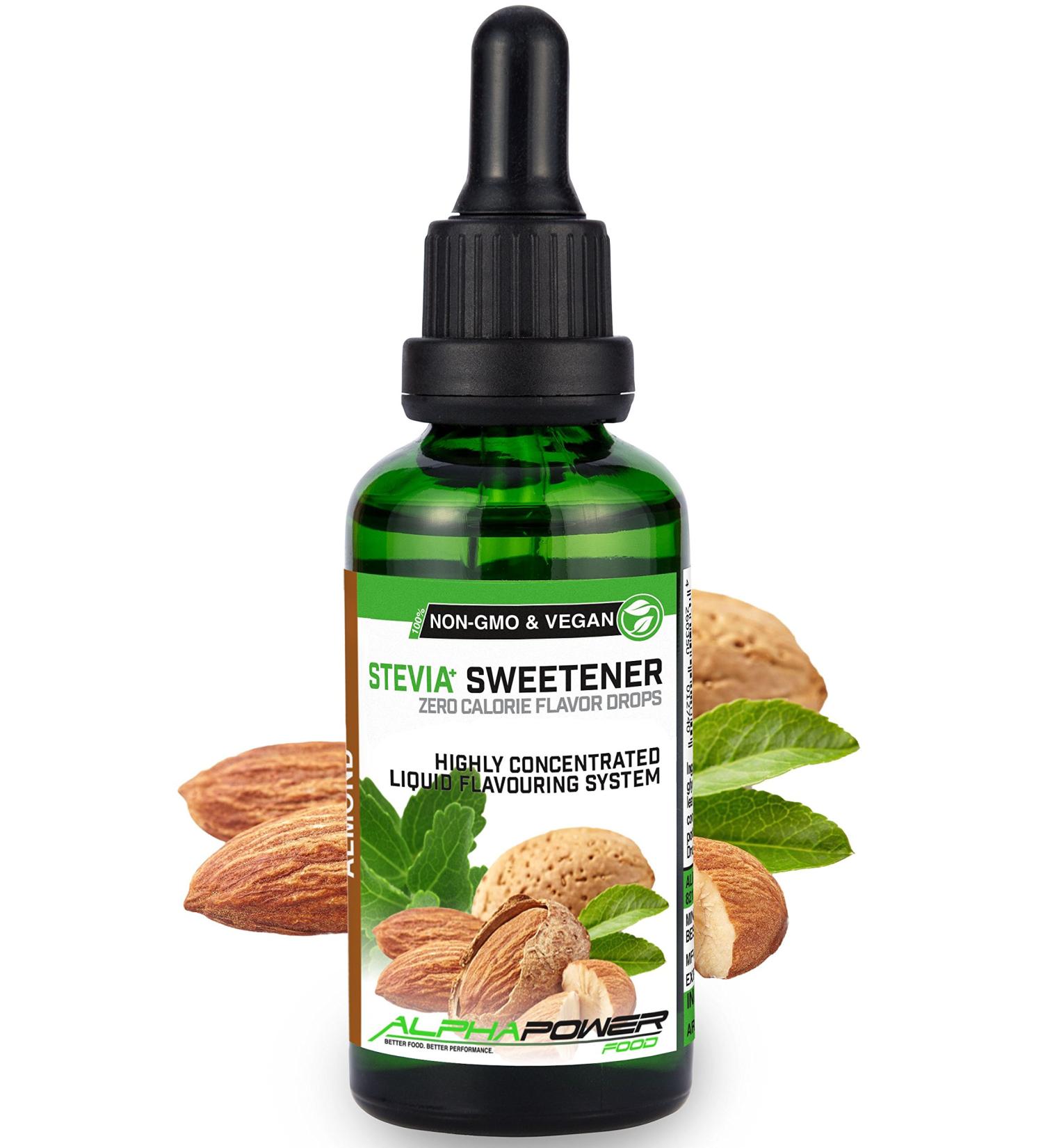 Alphapower Food Almond Flavor Drops | Sugar-Free Stevia Liquid Aroma | 100% Natural | 50ml for Water Muesli & Smoothies - Buy Online on GoSupps.com