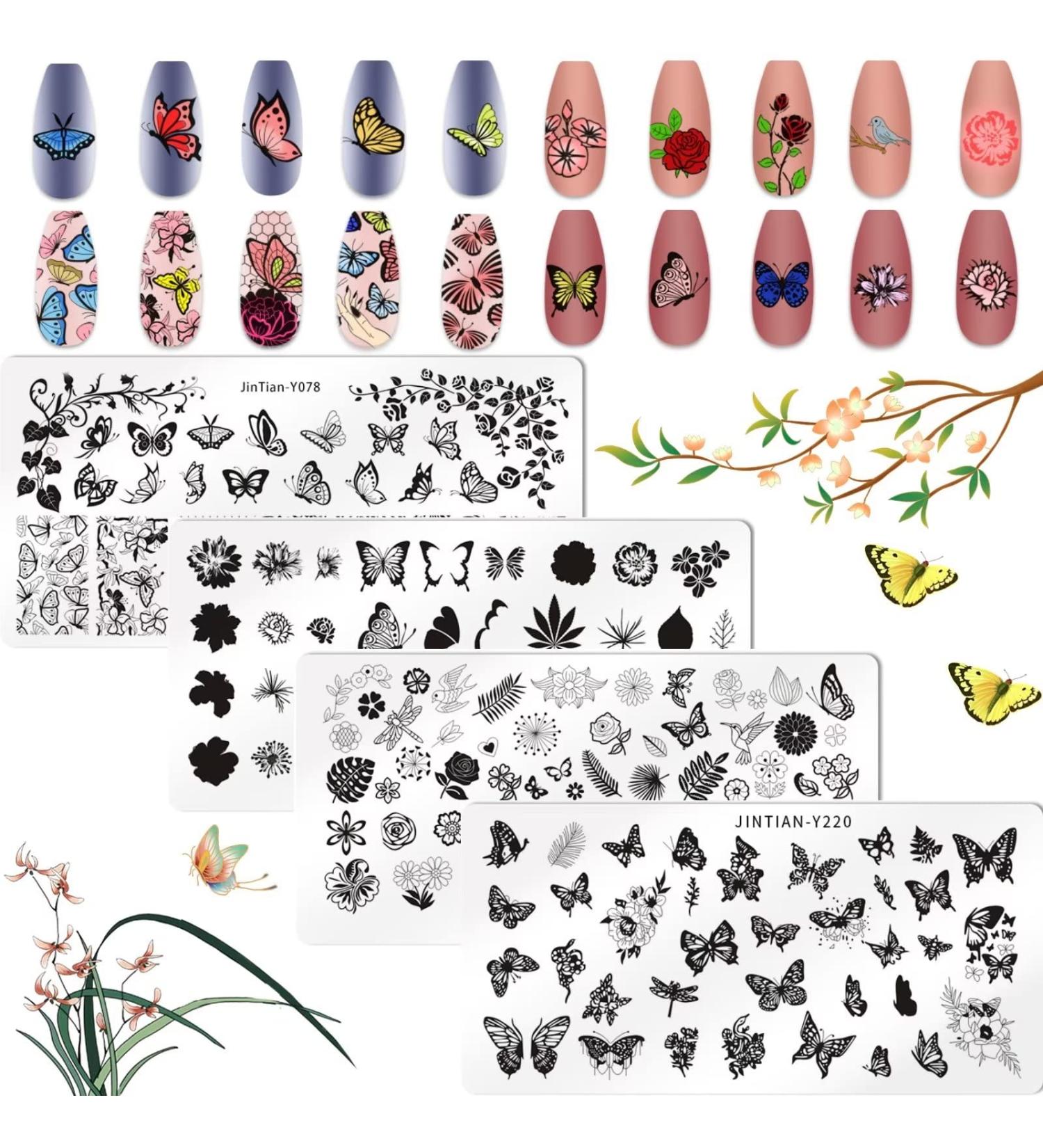 4Pcs Butterfly & Flower Nail Art Stamping Plates - DIY Manicure Templates for Women and Girls - Buy Online on GoSupps.com