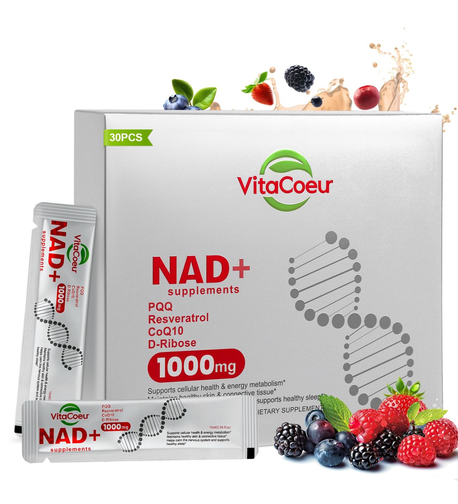 VitaCoeur 1000mg NAD+ Supplement Liquid with Organic Resveratrol Nicotinamide Riboside & PQQ CoQ10 ALA Boost Energy Focus DNA Repair & Healthy Aging NAD Resveratrol for Men & Women(30 PCS) - Buy Online on GoSupps.com