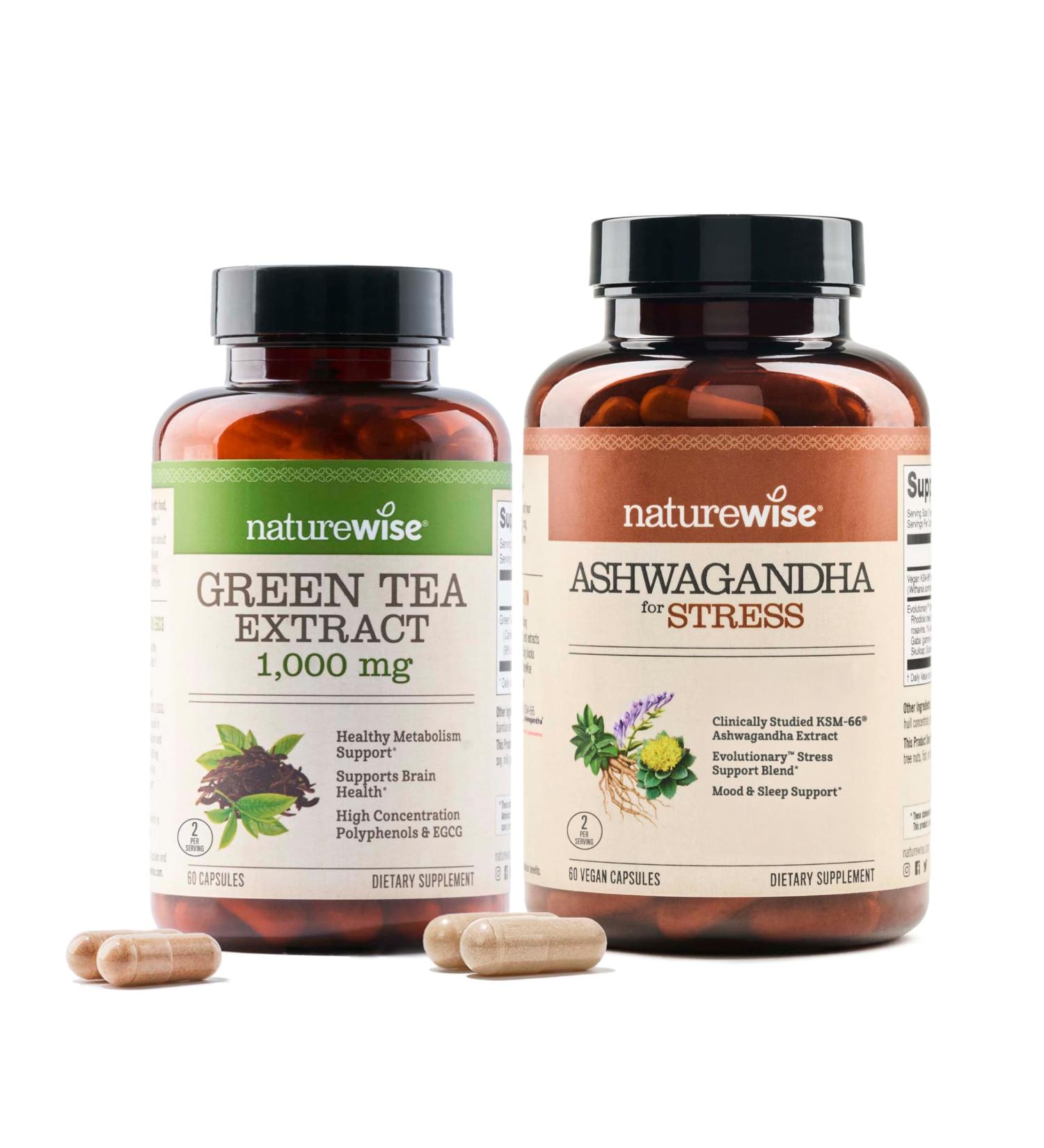 NatureWise 1 Green Tea Extract 1000 mg - Vegan Non-GMO - 60 Capsules 30-Day Supply + 1 Ashwagandha for Stress + GABA & L-Theanine - 60 Capsules 30-Day Supply  - Buy Online on GoSupps.com