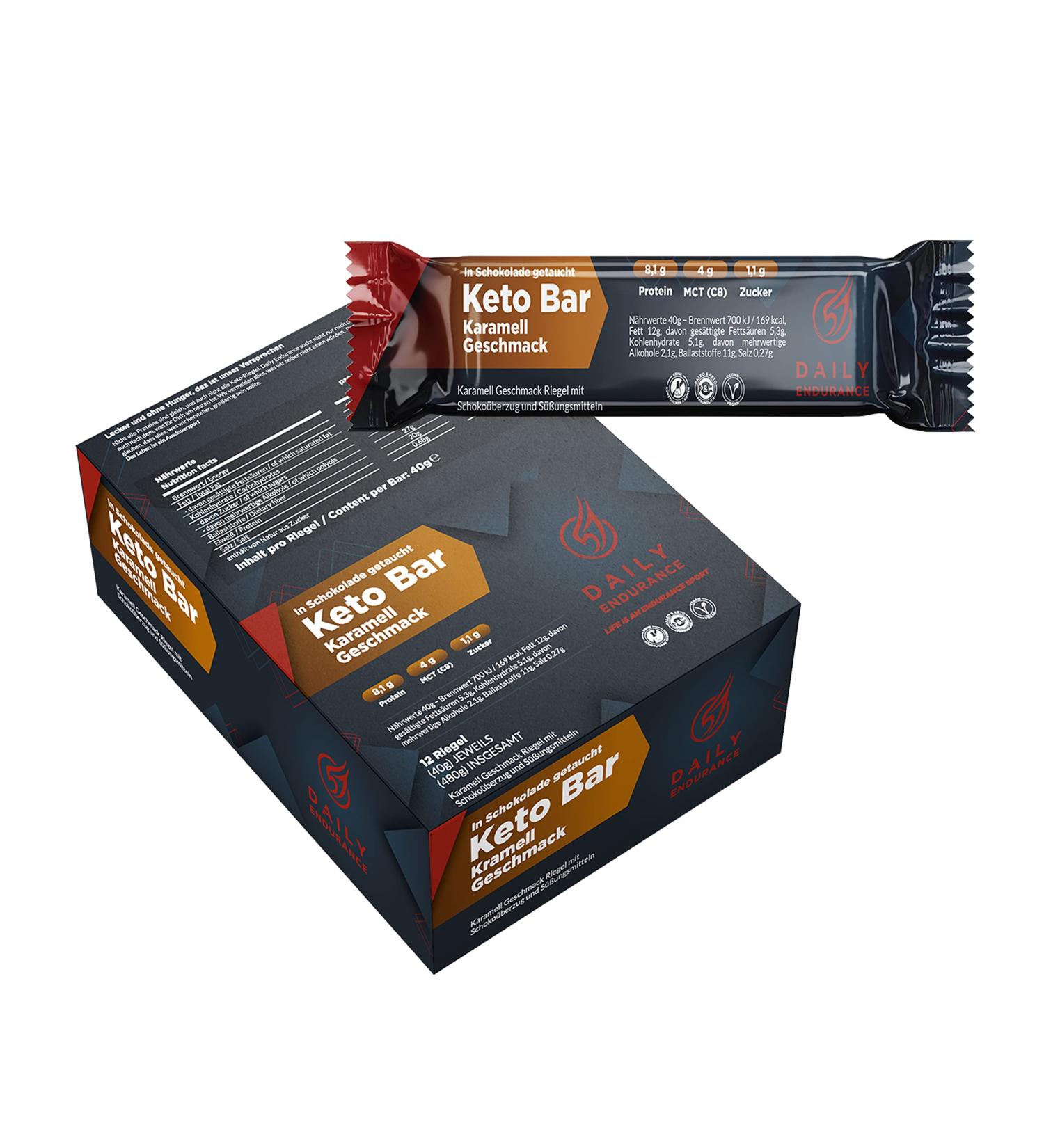 Daily Endurance Keto Bar | Best Low Carb Protein Snack | Vegan Chocolate | 3g Net Carbs | 12 Bars with Sckoko Coating | Caramel Flavor - Buy Online on GoSupps.com