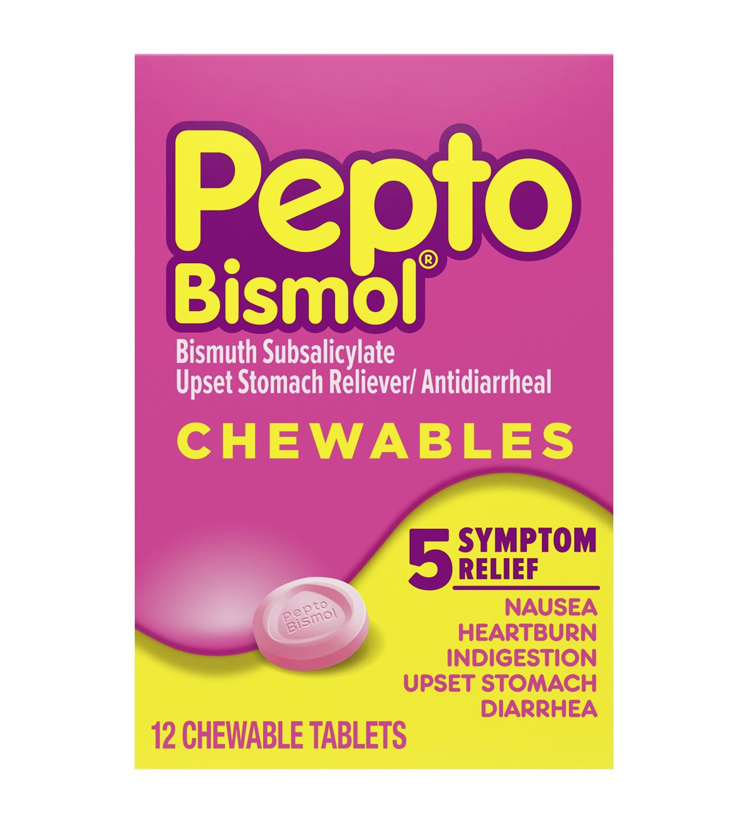Pepto Bismol Chewable Tablets - 5 Symptom Fast Relief Original Flavor 12 ct - Buy Online on GoSupps.com
