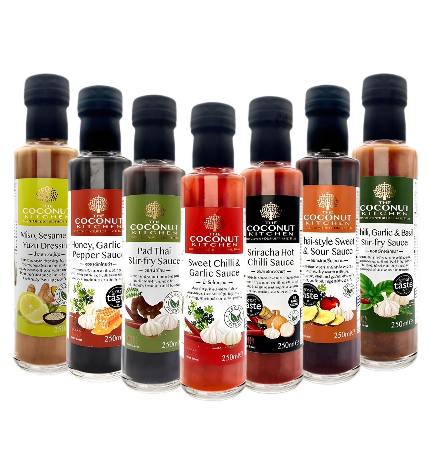 Coconut Kitchen Sauce Bottle Pick N Mix | Choose From 6 Flavours | Chilli Garlic Honey-Garlic Miso Sesame Sriracha Hot-Chilli Sweet-Chilli Thai Sweet - Pack of 4 x 250g - Buy Online on GoSupps.com