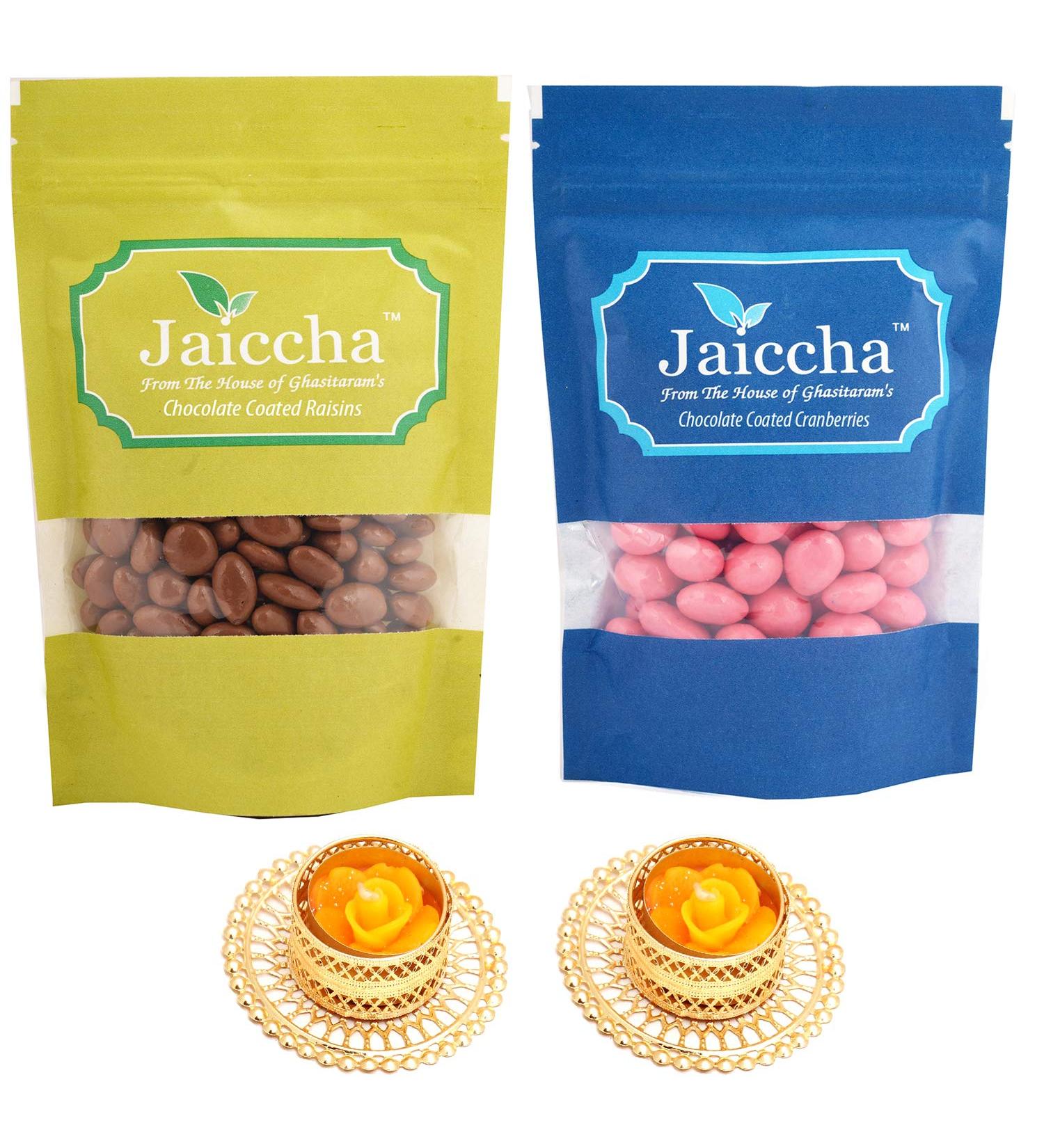 Jaiccha Ghasitaram Diwali Gifts Chocolate - Chocolate Coated Raisins 100 GMS and Cranberries 100 GMS with 2 T-Lites - Buy Online on GoSupps.com
