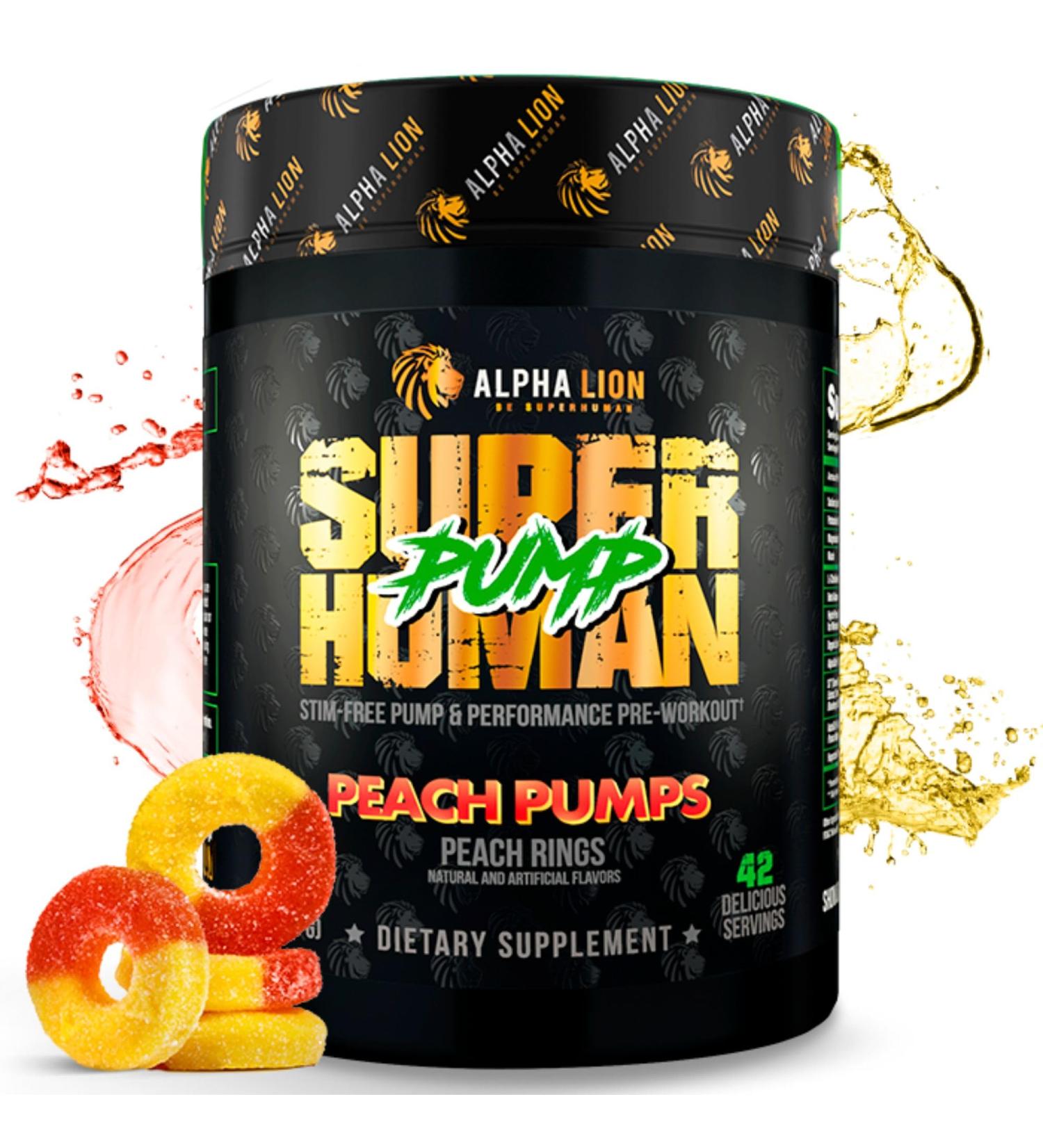 ALPHA LION Superhuman Pump Pre Workout Powder - Nitric Oxide Booster Stim-Free Energy & Focus Peach Rings Flavor (42 Servings) - International Shipping Available - Buy Online on GoSupps.com