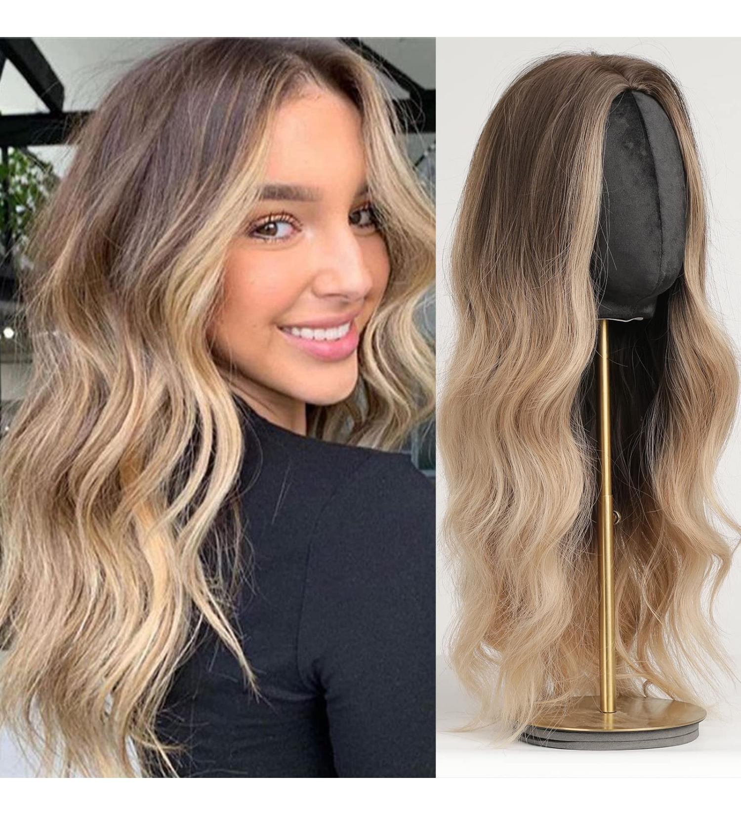 HAIRCUBE Ombre Long Hair Wigs for Women - Brown to Blonde Synthetic Curly Middle Parting - Buy Online on GoSupps.com