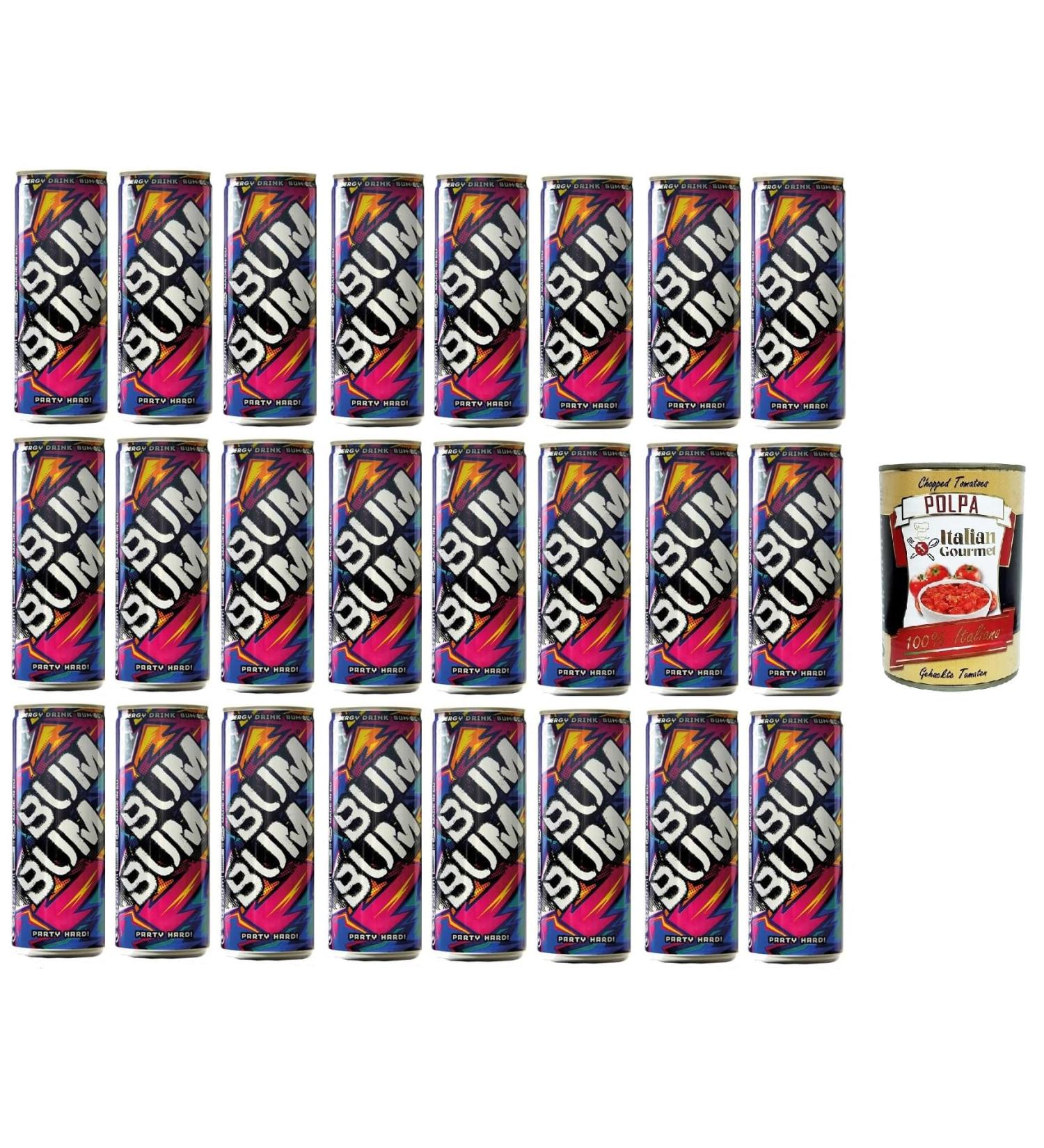  Italian Gourmet E.R. Bum Bum Energy Drink - Party Hard! Energy Drink with Taurine Caffeine & Vitamins - 24 x 250ml Cans + Italian Gourmet Polpa 400g - Buy Online on GoSupps.com
