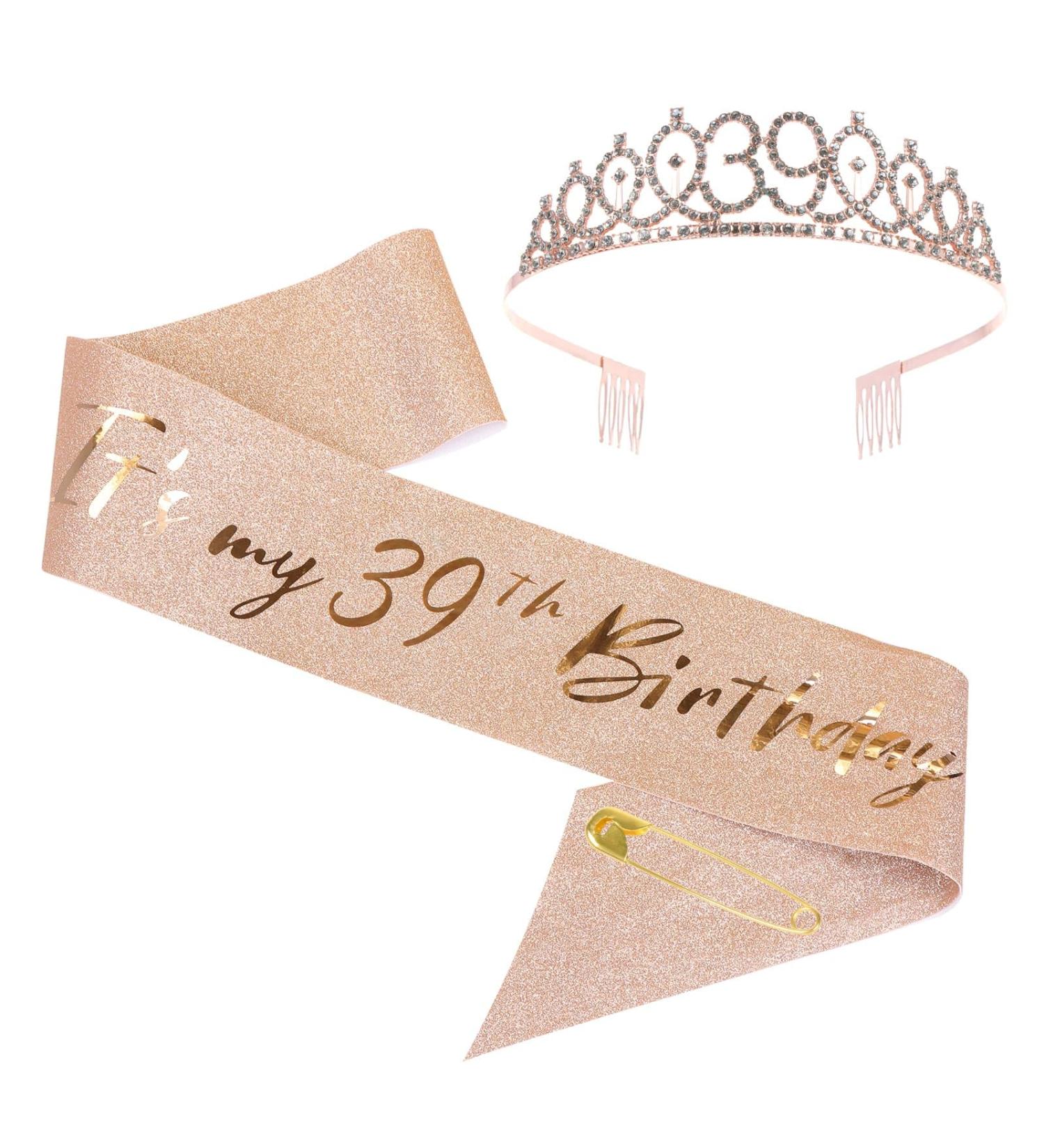 39th Birthday Sash and Tiara Set Rose Gold Birthday Sash Crown Birthday Party Favors Supplies for Girls Birthday Party - Buy Online on GoSupps.com