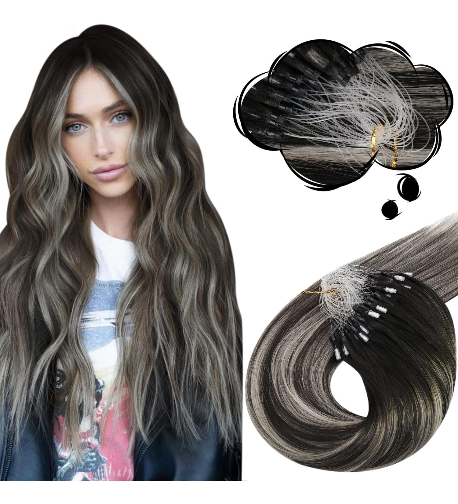 Moresoo Microring Extensions Real Hair - 50cm Black Silver Ombre Loop Extensions | Thick Remy Hair - #1B Natural Black with #Silver - Buy Online on GoSupps.com