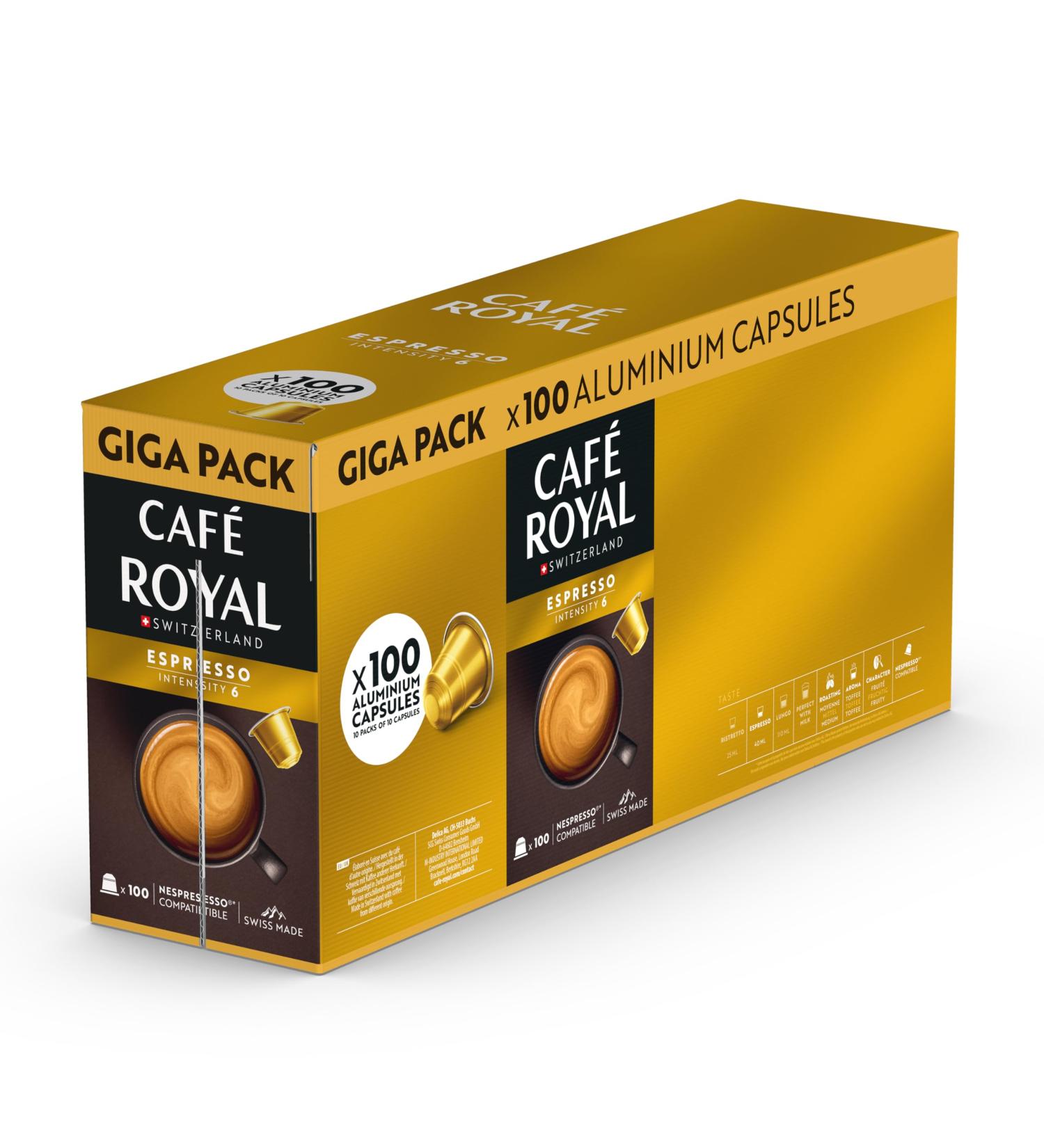  Caf Royal Caf Royal Espresso Promo Pack 100 Nespresso (R) Compatible Capsules 80% Recycled Aluminum Rainforest Alliance Certified 100% Arabica Coffee Intensity 6 - Buy Online on GoSupps.com