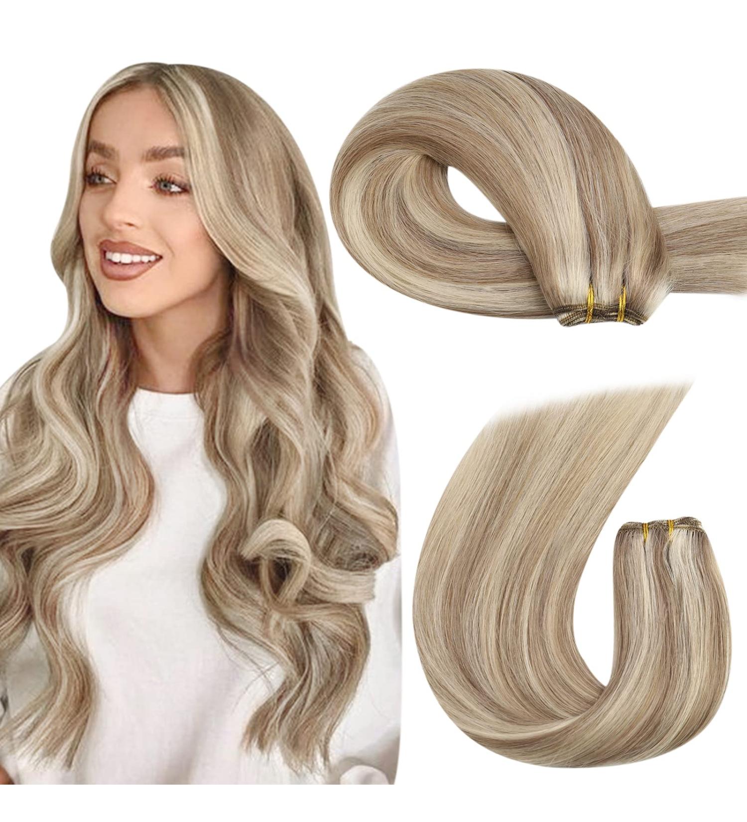 Moresoo Blonde Weft Hair Extensions Sew in Double Weft Human Hair - Light Brown/Platinum Blonde 20 100g/Pack - Buy Online on GoSupps.com