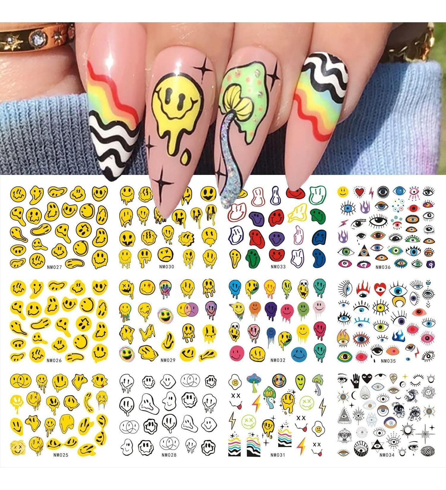 Abstract Smiling Face Evil Eye Nail Art Stickers - 12 Sheets Water Transfer Decals for DIY 3D Nail Designs - Nail Decorations for Women & Kids - Buy Online on GoSupps.com