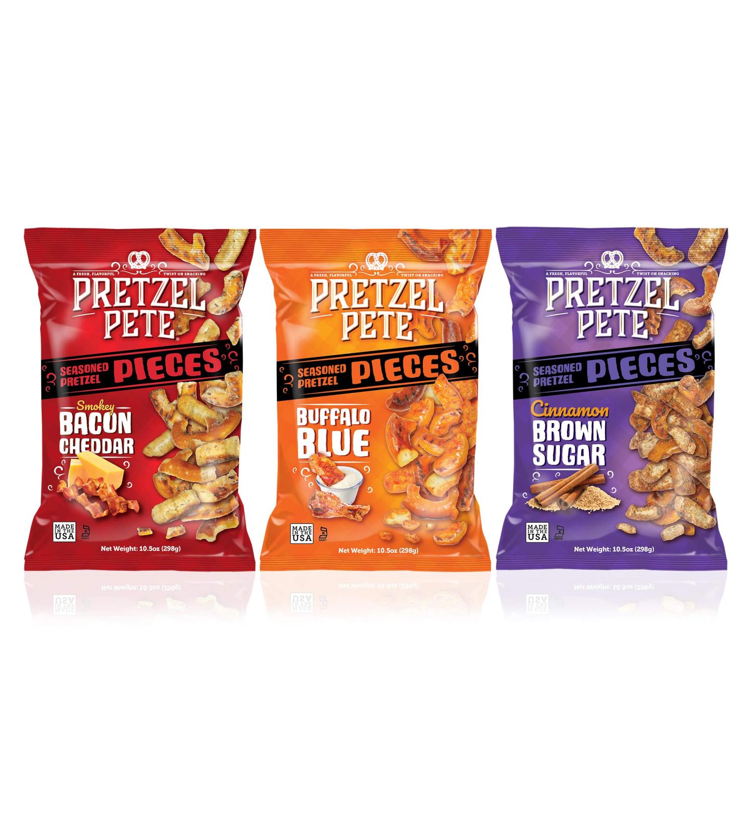 Pretzel Pete Variety Pack - Buffalo Blue Cheese, Smokey Bacon Cheddar, Cinnamon Brown Sugar - 10.5oz (3 Pack) | Non-GMO Ingredients, Small Batch, Bold Flavor - Buy Online on GoSupps.com