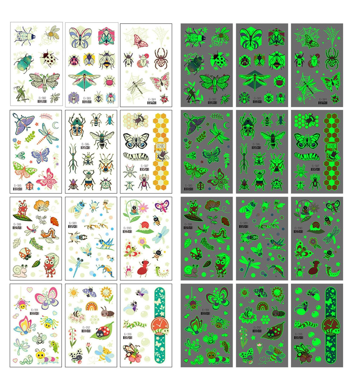 Temporary Tattoos for Kids SHESRA Glow In The Dark Insects and Butterflies Tattoo Luminous Waterproof Fake Tattoos for Boys Girls Birthday Party Favors Goodie Bags Stuffers Party Fillers 12 Sheets - Buy Online on GoSupps.com