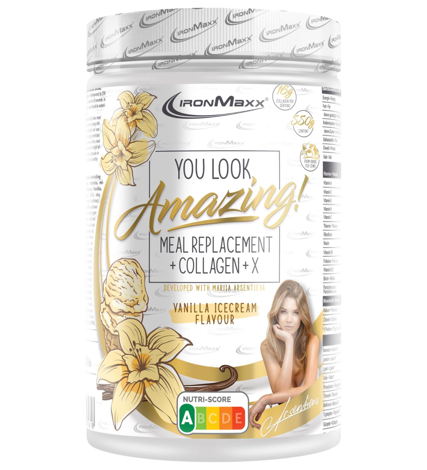 Ironmaxx Meal Replacement + Collagen X - Vanilla Ice Cream | High Protein Gluten-Free | 550g | Collaborated with Mariia Arsentyeva | Boost Your Nutrition - Buy Online on GoSupps.com
