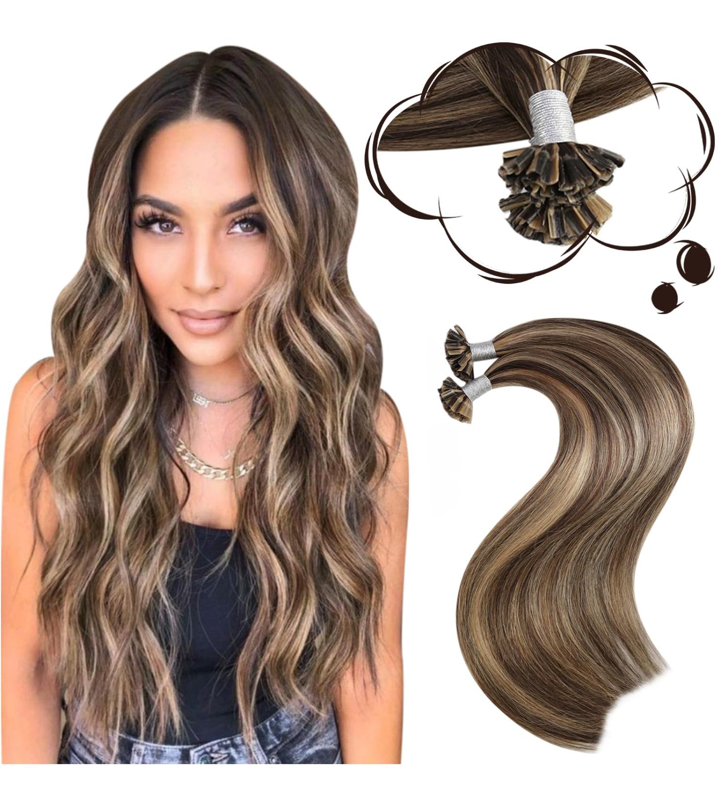 Moresoo Hot Fusion Keratin Hair Extensions #P4/27 Dark Brown & Caramel Blonde - 50g U-Tip Real Remy Hair Bonding 45cm - Buy Online on GoSupps.com