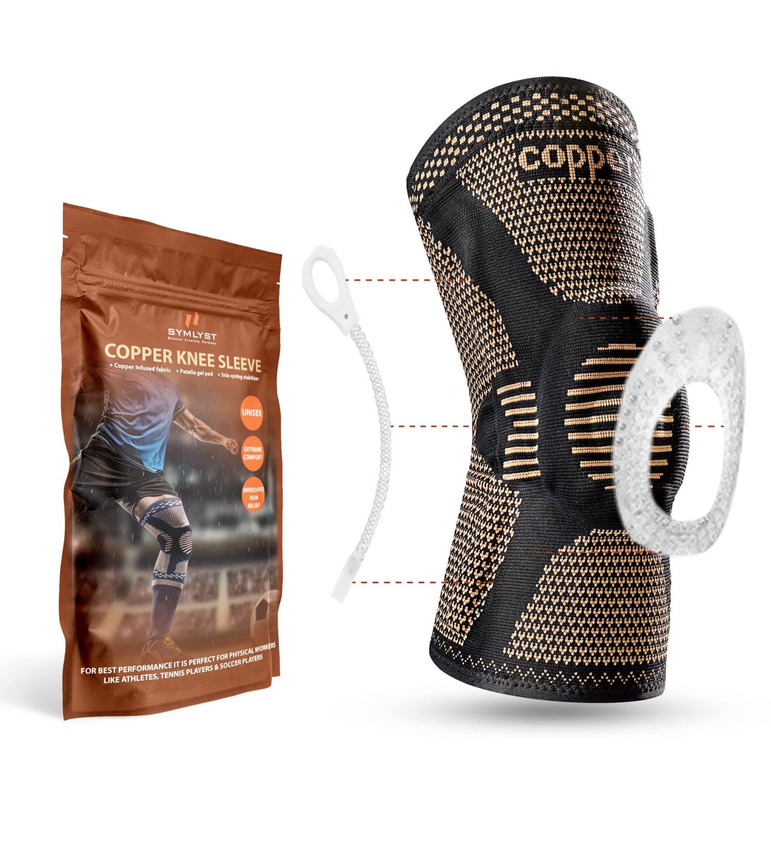 SYMLYST Copper Knee Brace with Side Spring Stabilizer & Patella Gel Pad - Medium | Supports Knee Pain, Arthritis & Injury Recovery - for Men & Women - Buy Online on GoSupps.com