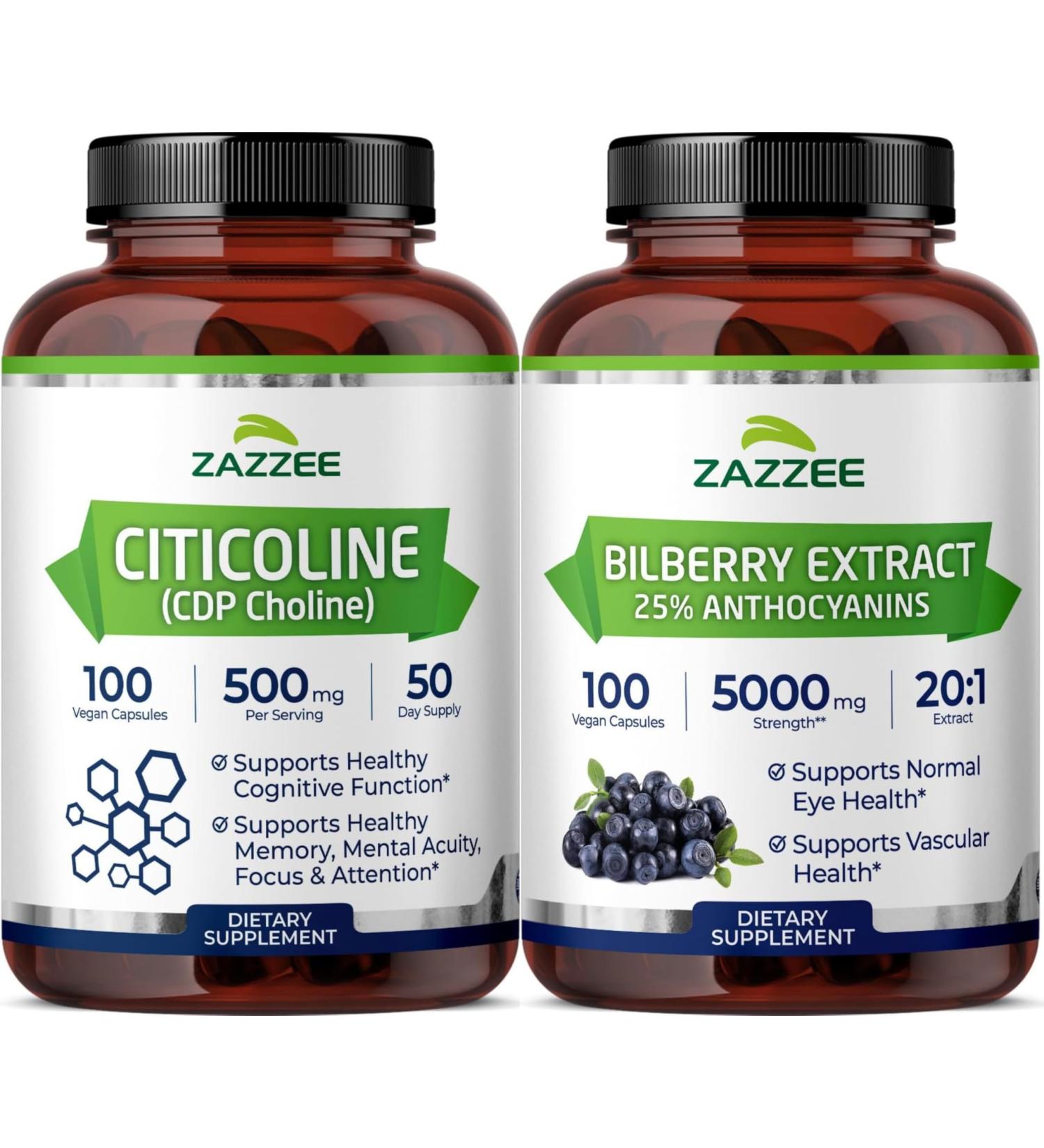 Zazzee Cognitive Brain Health & Vision Support Bundle | Extra Strength Bilberry 20:1 Extract & CDP Choline Capsules | Non-GMO Vegan & ISO Lab Tested - Buy Online on GoSupps.com