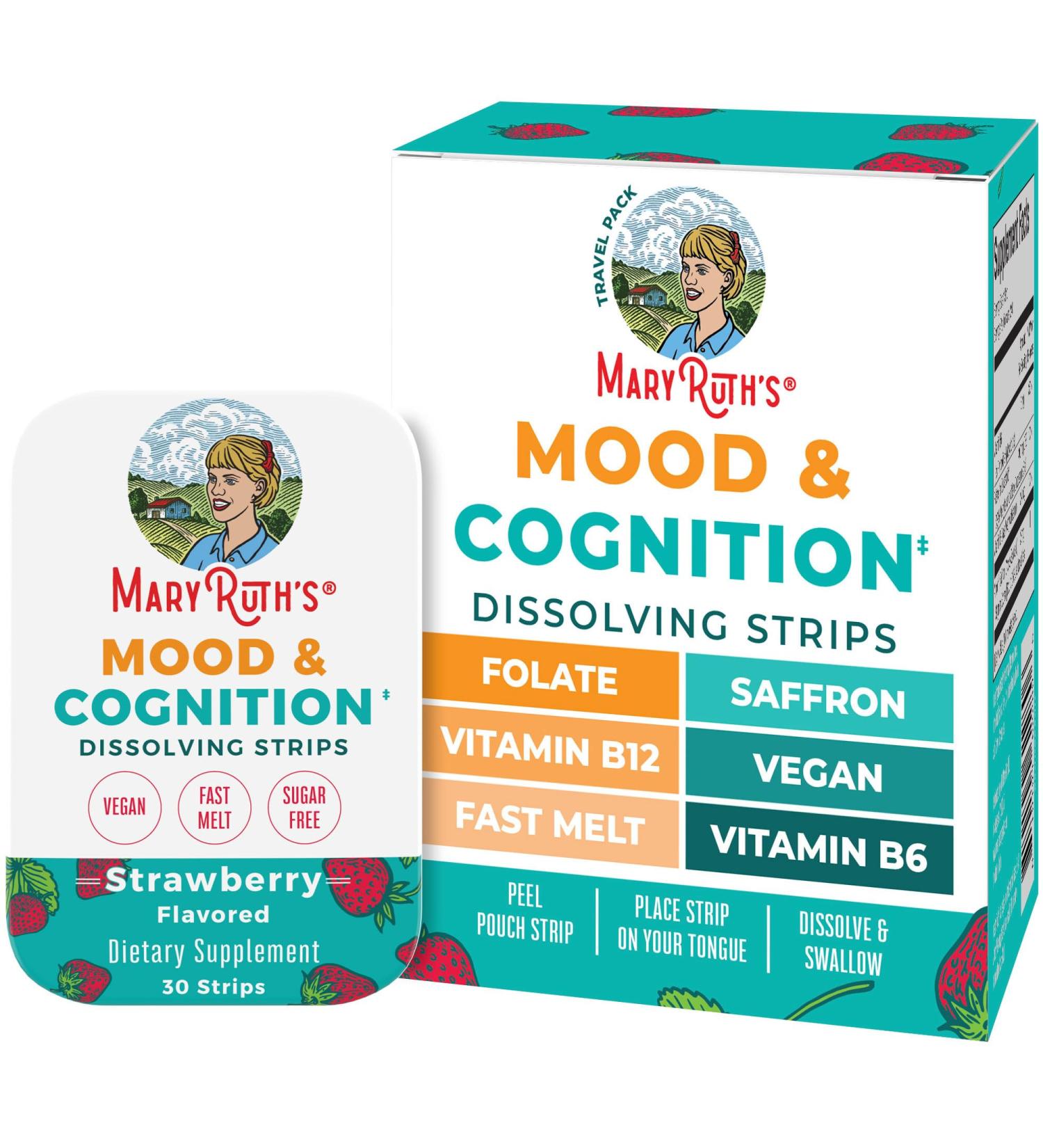 Mood & Cognition Dissolving Strips by MaryRuth's | Vitamin B12 | Vitamin B6 | Saffron | Folate | B Vitamins | Sugar Free | Strawberry Flavor | Vegan | Gluten Free | Dairy Free | 30 Count - Buy Online on GoSupps.com