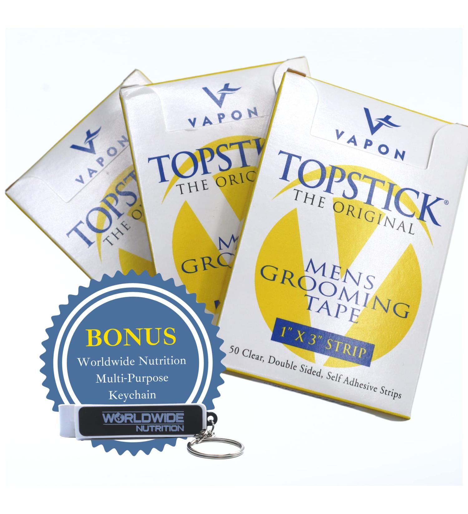 Vapon Topstick - Original Men's Grooming Tape | Clear Double-Sided Tape for Toupees & Wigs | 150 Count (3 Boxes) | Strong Adhesive Strips & Bonus Key Chain - International Shipping Available - Buy Online on GoSupps.com