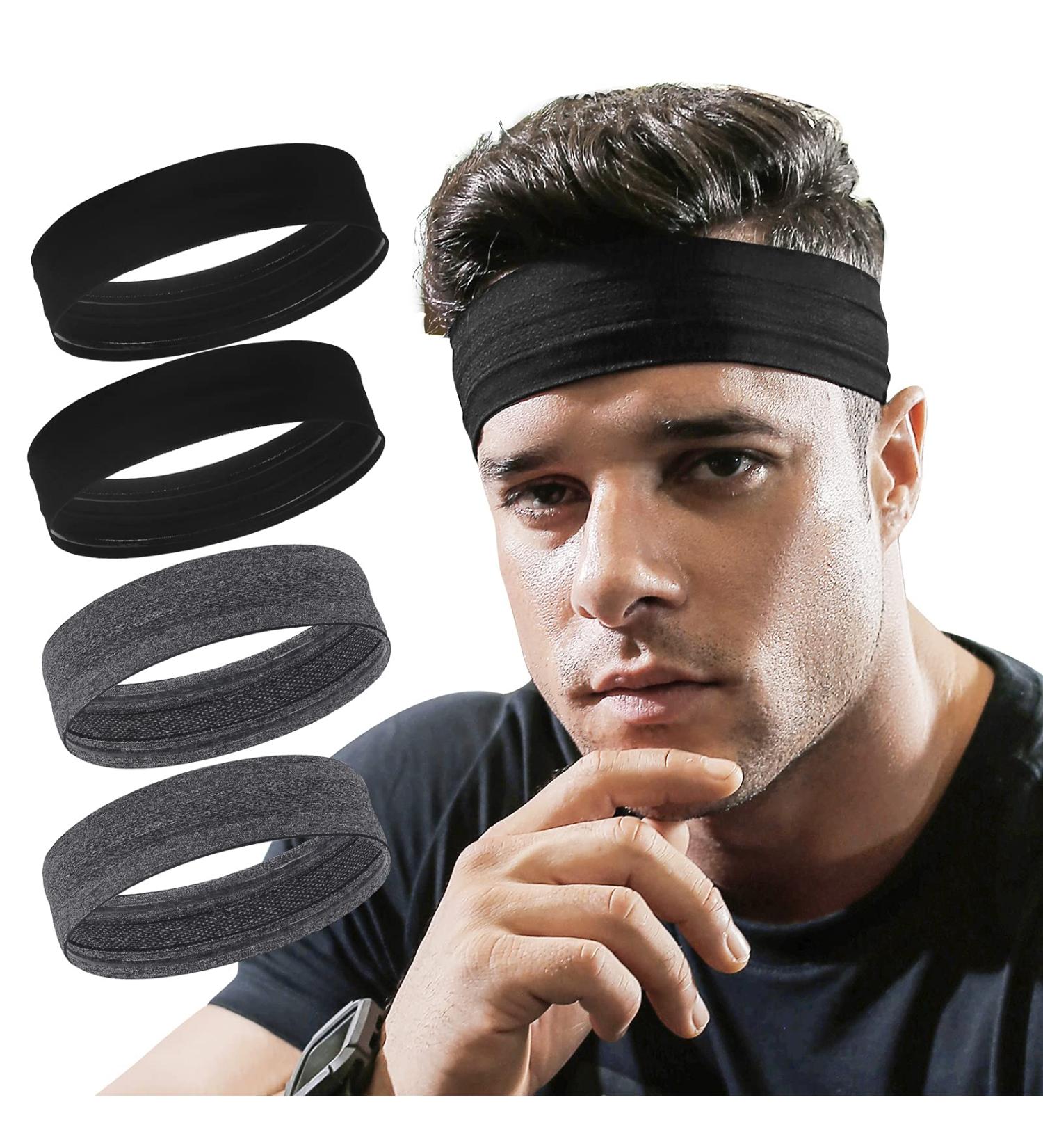 VSIOPY 4-Piece Non-Slip Sports Headbands for Men | Moisture-Wicking Hair Bands for Jogging Yoga Cycling & Fitness | 2 Black & 2 Gray - Buy Online on GoSupps.com