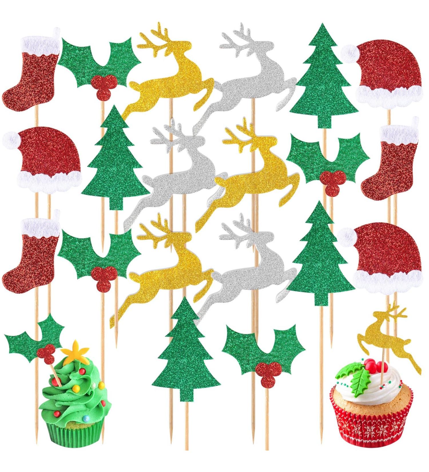120pcs Christmas Cupcake Toppers Glitter Xmas Cake Decorations Christmas Tree Hat Socks Reindeer Food Fruit Picks for Holiday Birthday Christmas Party Supplies Dessert Baking Decor - Buy Online on GoSupps.com