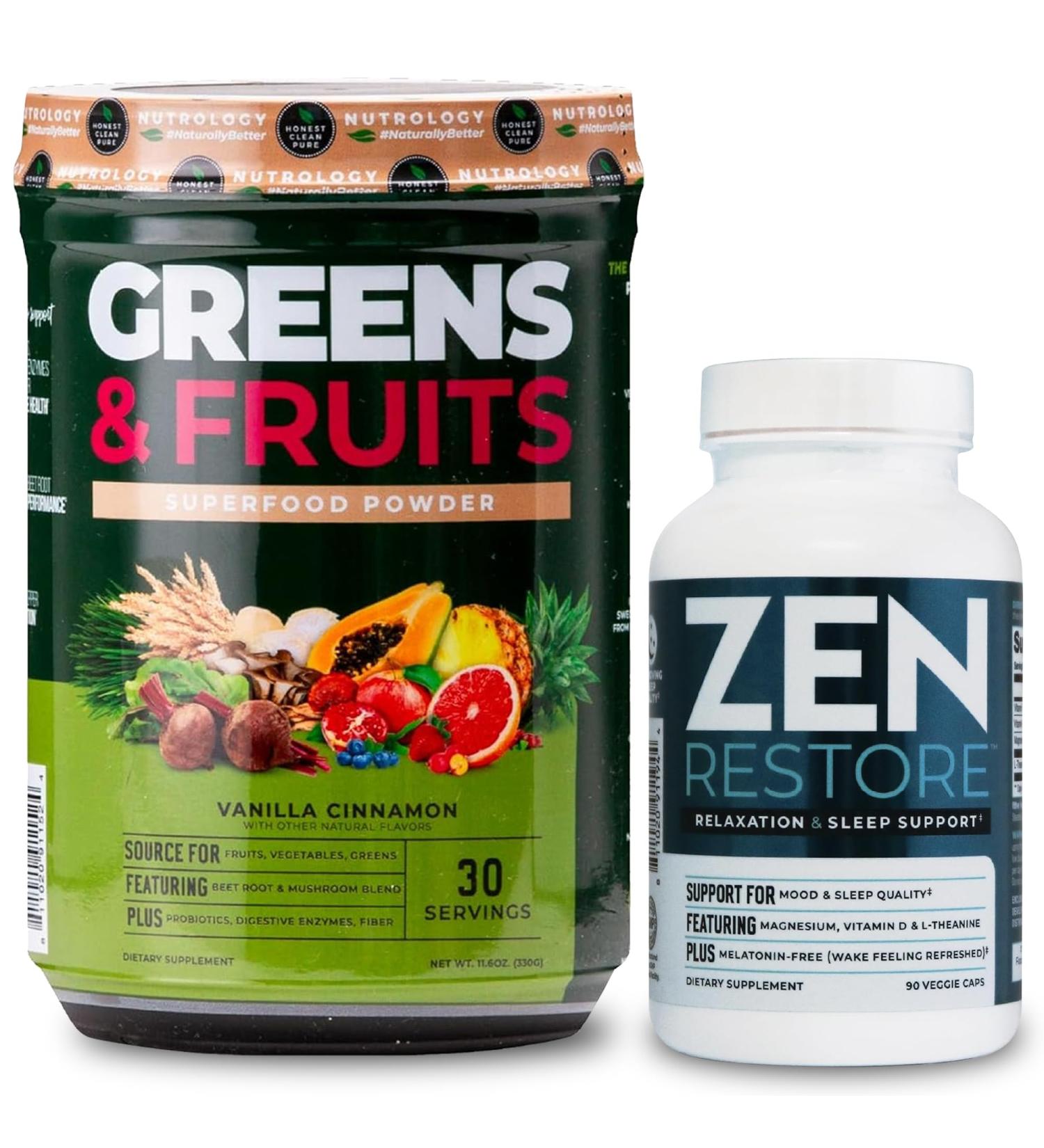 Nutrology Greens & Fruits Powder-Naturally Sourced Superfood Vanilla Cinnamon (30 Servings) Zen Natural Magnesium Supplement (30 Servings) - Buy Online on GoSupps.com